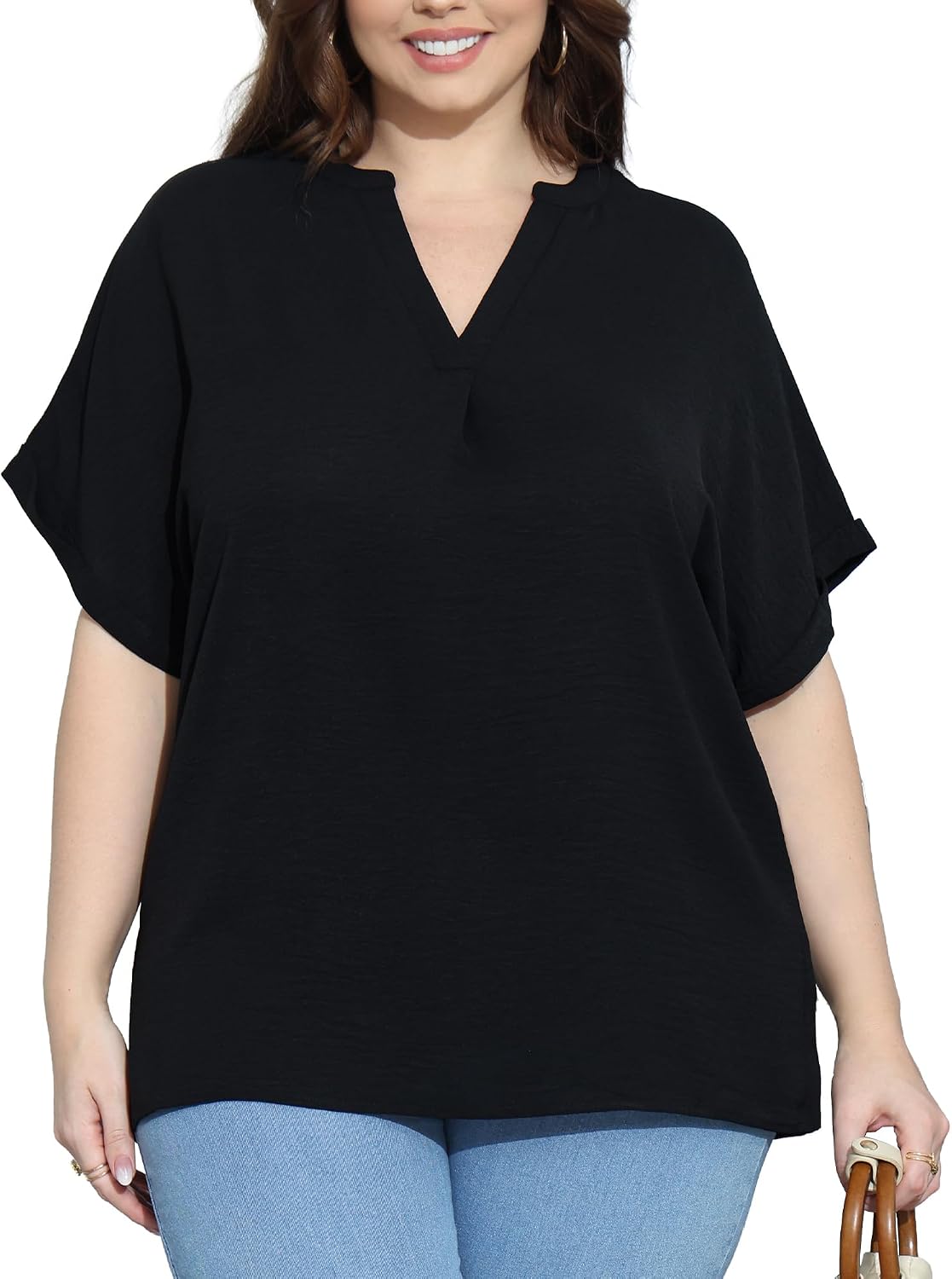 Womens Plus Size Tops V Neck Short Sleeve Chiffon Tunics Dressy Business Casual Blouses Work Shirts (L-5XL)