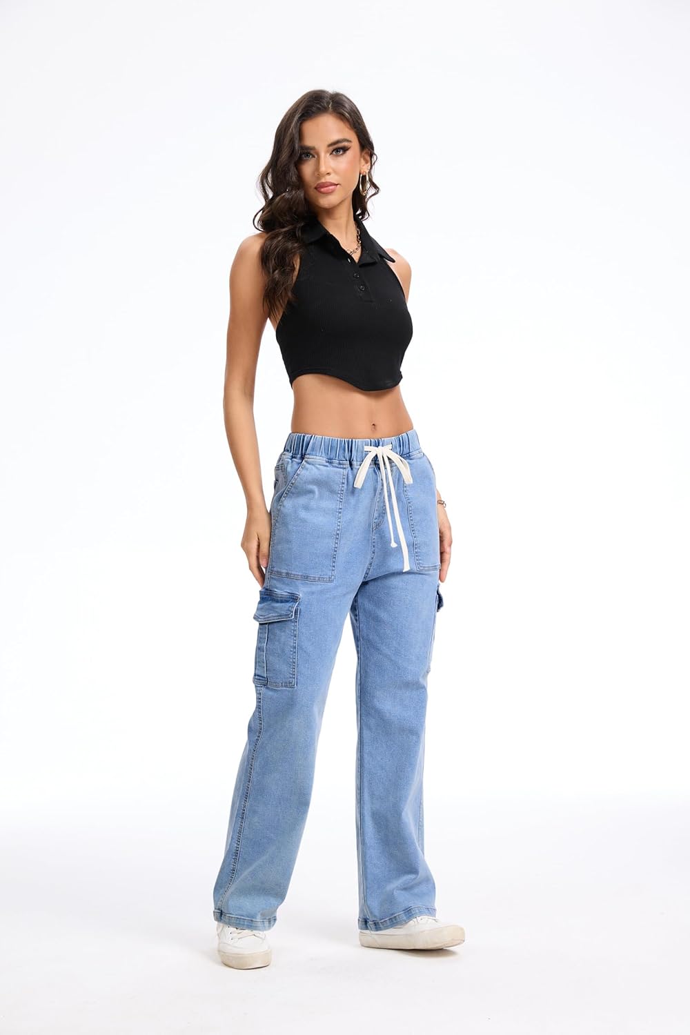 SESERAGI Cargo Jeans for Women Stretchy Baggy Wide Leg Drawstring Work Denim Pants with 6 Pockets Trousers - Image 4