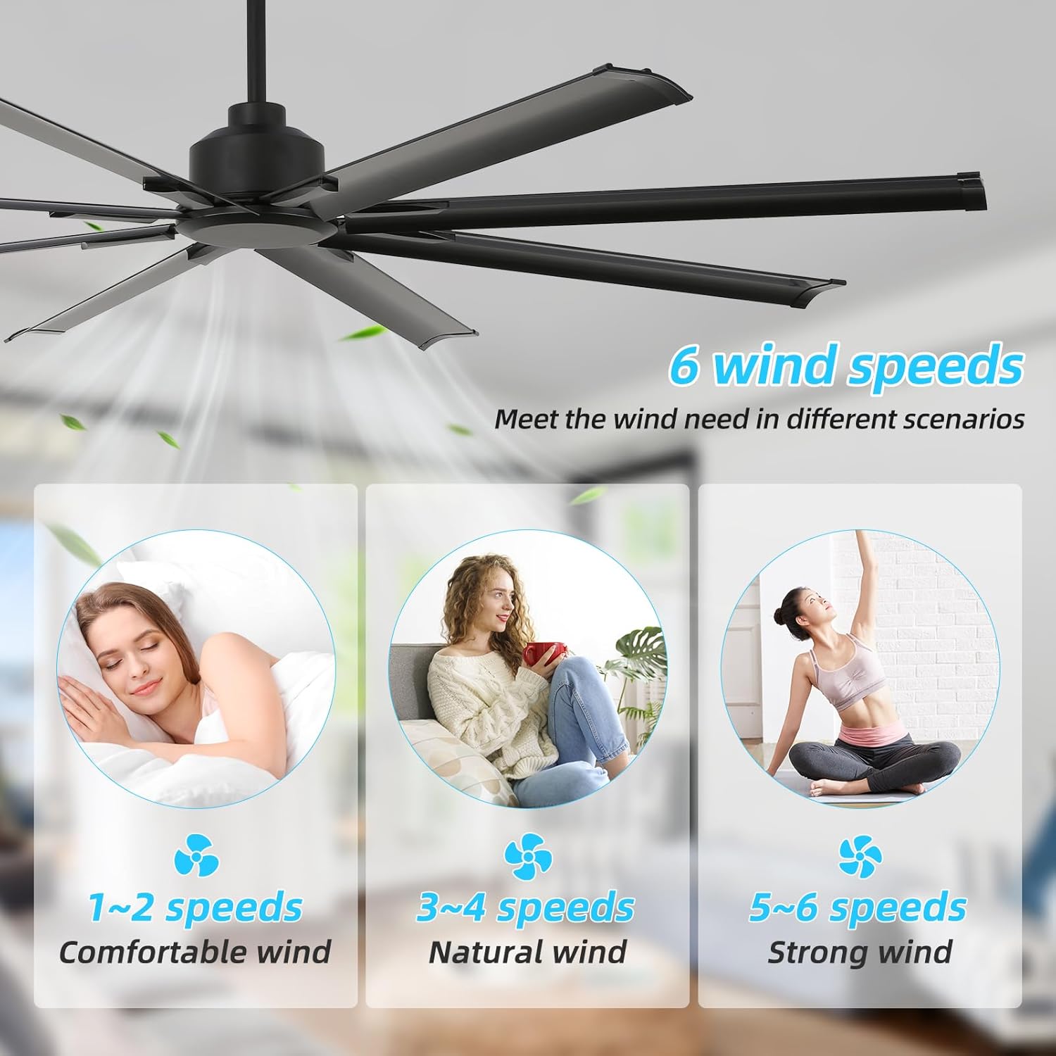 72 Inch Ceiling Fan No Light with Remote Control, 8 Blades Quiet DC Reversible Motor, 6-Speed, Timer, Black, Indoor Outdoor Ceiling Fans for Patios, Living Room, Garage