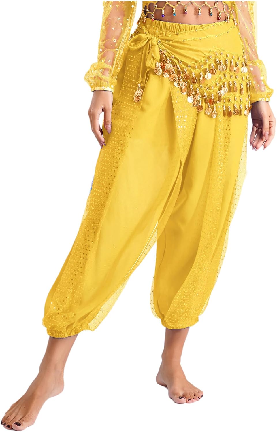 FEESHOW Women's Tribal Belly Dance Pants Arabian Dance Harem Pants with Lace-up Hip Scarf for Halloween