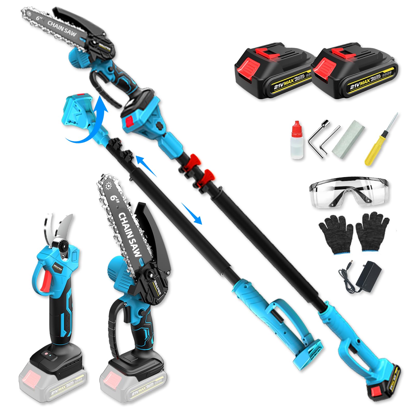 4 in 1 Potatore a batteria Motosega Mini da 15 cm (6″) con asta telescopica (2,5 m) + Cesoia elettrica 35 mm, incl. 2 batterie 21V – perfetto per la cura degli alberi e il taglio dei rami