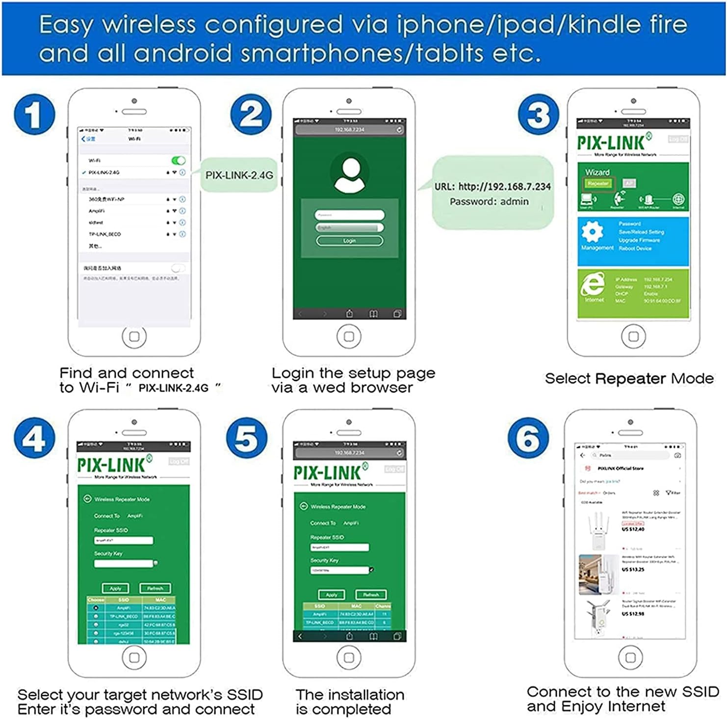 Smartphone screens showing PIX-LINK WiFi Extender setup steps