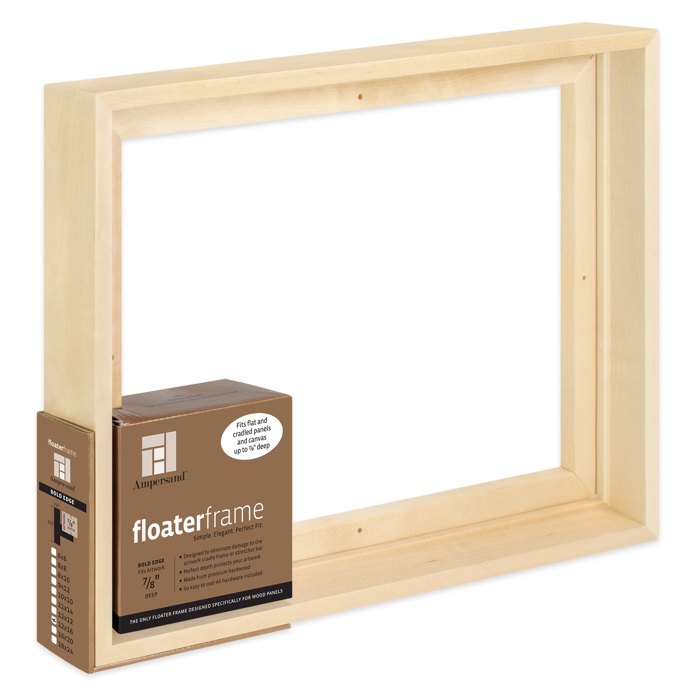 Ampersand Floaterframe Readymade Frame for Flat and 7/8" Deep Wood Panel and Canvas Artwork, Paintings, Prints, and More, 12"x16", Maple Bold