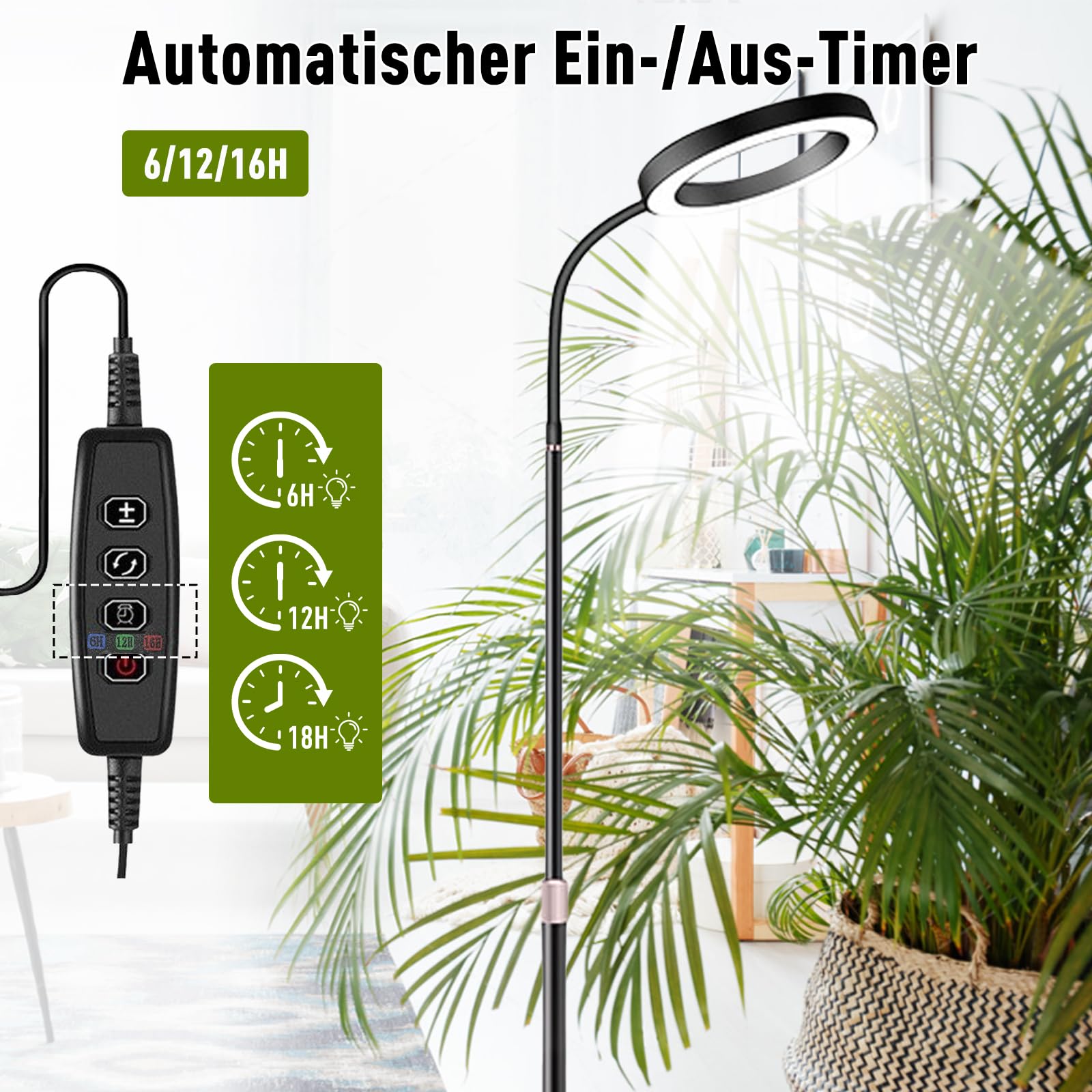 Pflanzenlampe LED Vollspektrum, Höhenverstellbar 57-170cm mit Timer 6/12/16H, 3 Lichtmodi & 10 Helligkeitsstufen, Wachstumslampe für Zimmerpflanzen, Inklusive Kabeltimer & Adapter