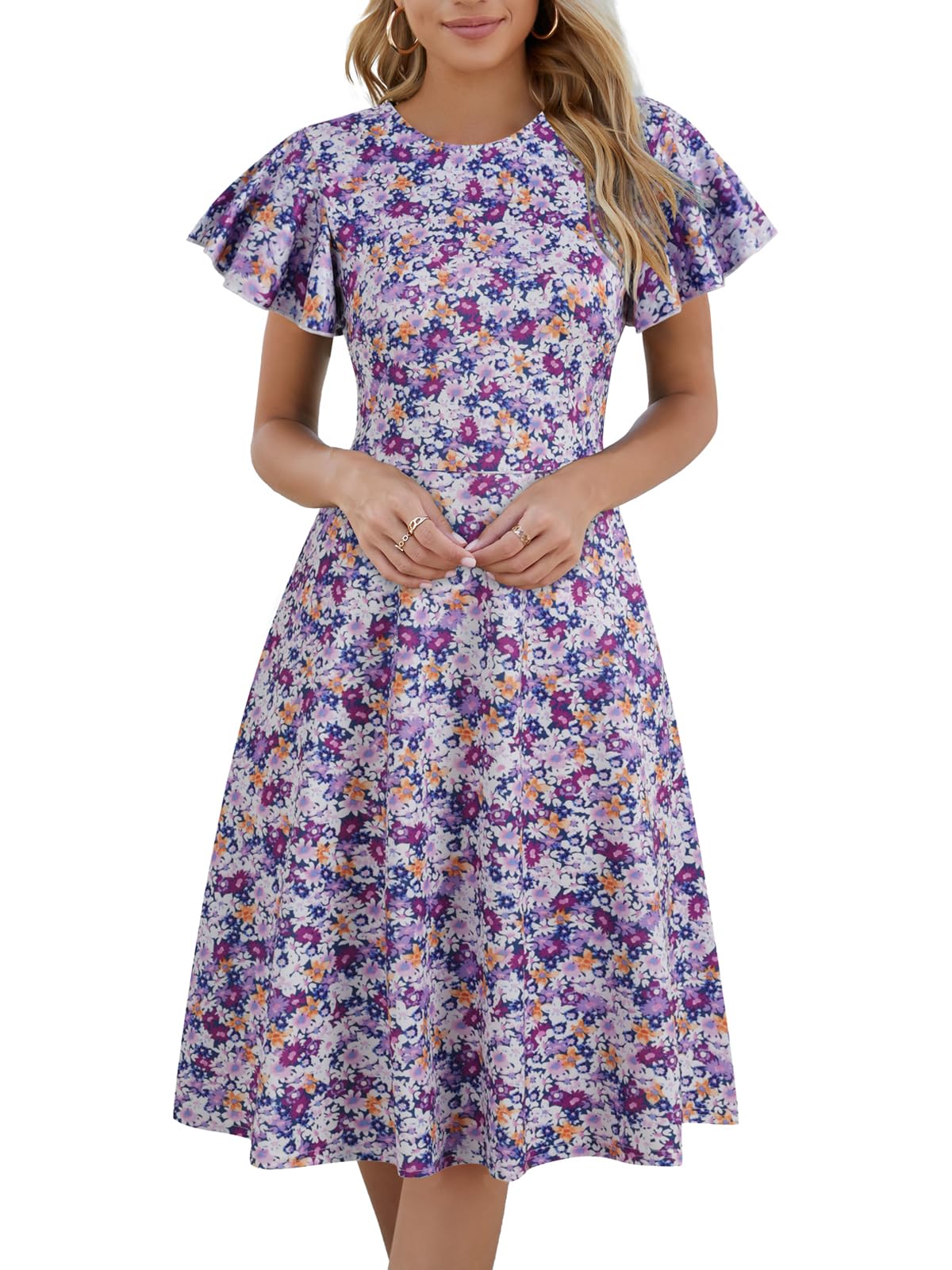 MSLG Women's Fit and Flare Ruffle Short Sleeves Dresses Work V-Back Cocktail Semi Formal A Line Dress with Pockets 842