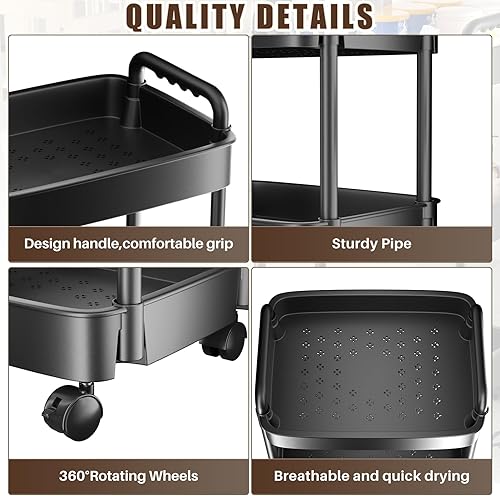 Miniatura 3 de Carrito rodante de 3 niveles, carrito de almacenamiento de plástico, carrito multifuncional, organizador de almacenamiento de cocina, carrito móvil