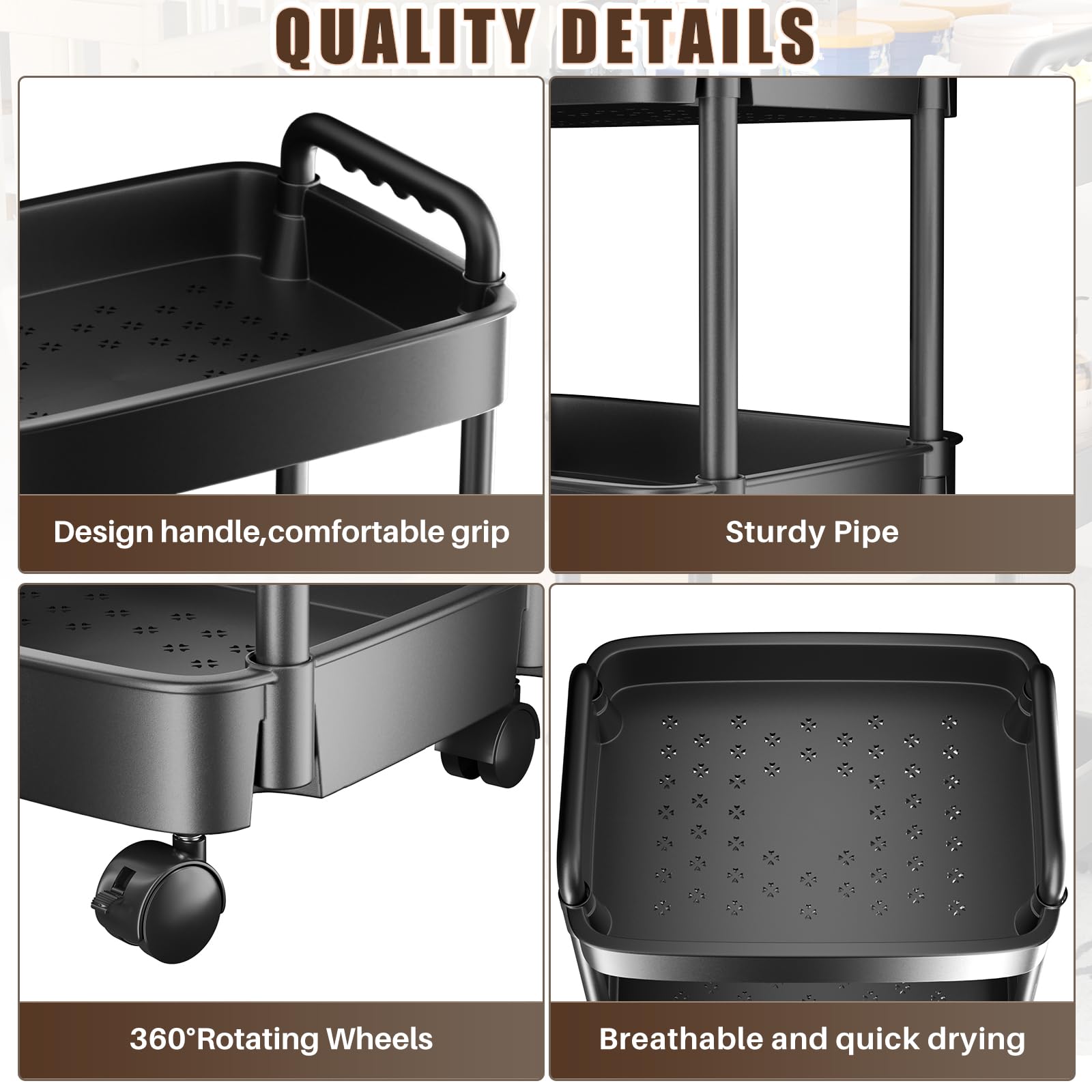 3 Tier Rolling Cart, Plastic Storage Cart, Multi-Functional Utility Cart Kitchen Storage Organizer,Mobile Shelving Unit Cart with Lockable Wheels for Bathroom,Laundry,Living Room,Black