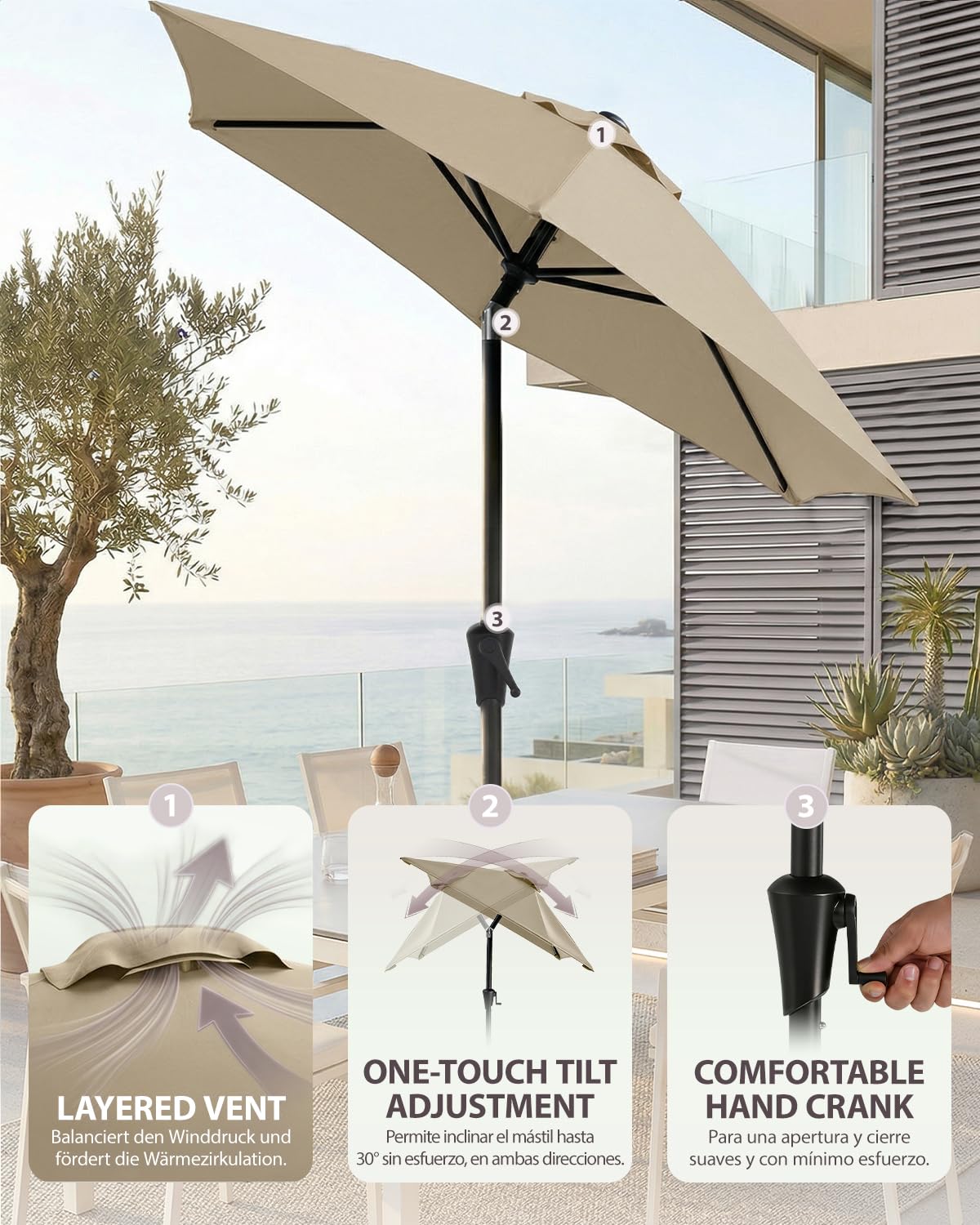 Sunula Sonnenschirm Rechteckig, Gartenschirm Terassenschirm mit Kurbelsystem, 38mm Stahlrohr & 12x18mm Ovale Streben, Marktschirm Sonnenschutz für Balkon Garten