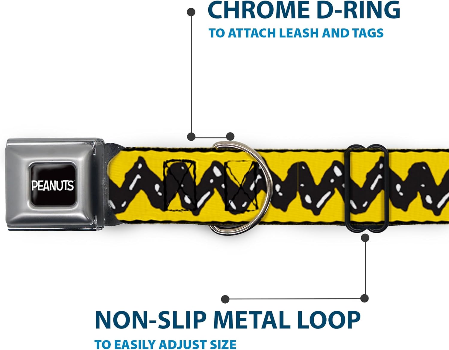 Peanuts Worldwide LLC Pet Collar, Dog Collar Metal Seatbelt Buckle, Peanuts Charlie Brown Zig Zag Stripe Yellow Black, 15 to 24 Inches 1.0 Inch Wide