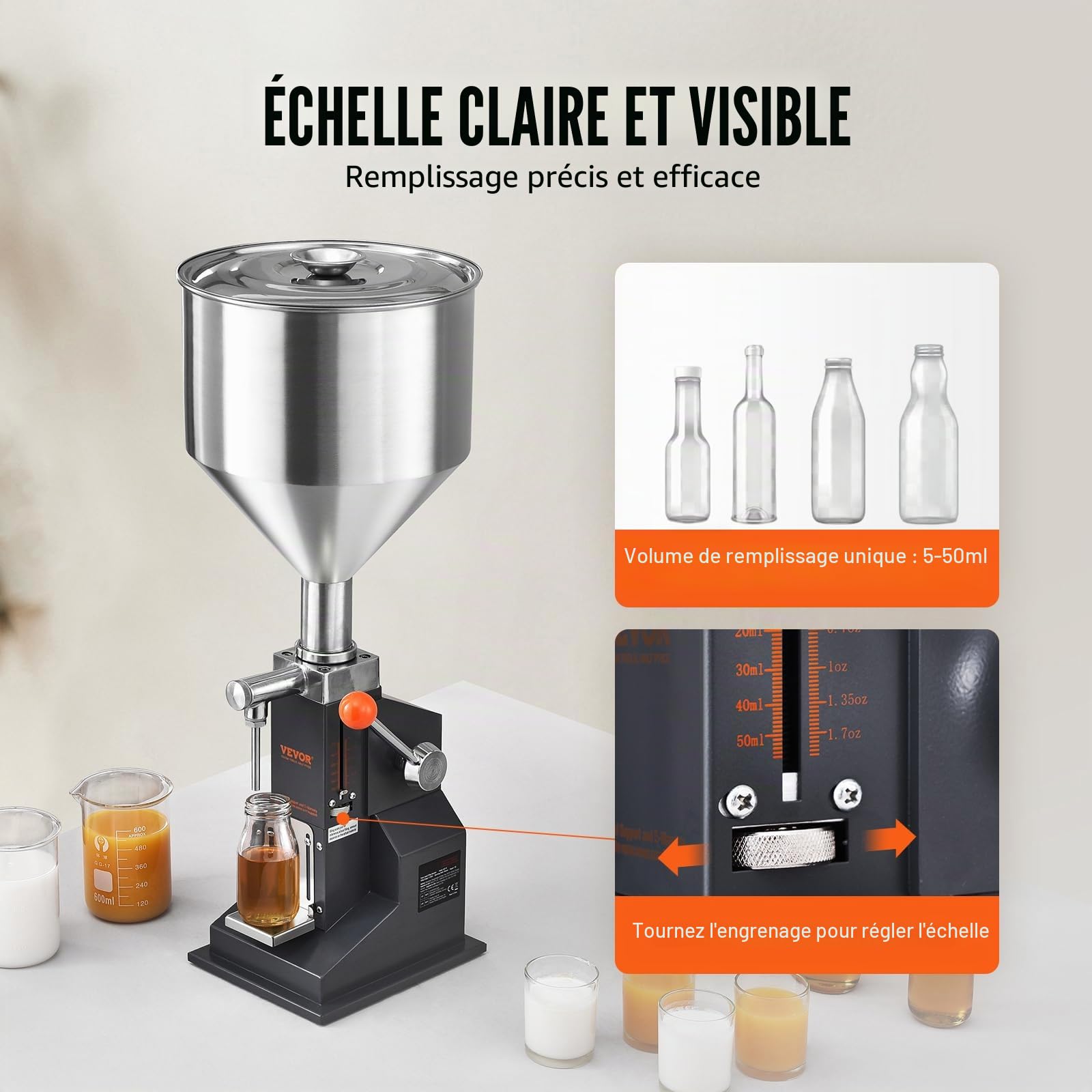 VEVOR Machine de Remplissage de Liquide Pâte Manuelle 5-50 mL Remplisseuse de Bouteilles Réglable Acier Inoxydable avec Trémie pour Lait, Eau, Jus, Huile Essentielle, Shampoing, Miel, Crème Cosmétique