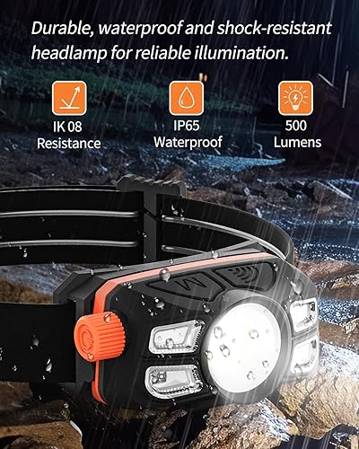 Miniatura 5 de Anylight Linterna frontal LED recargable con atenuación continua y sensor de movimiento, linterna impermeable IP65 para reparación, correr, acampar,