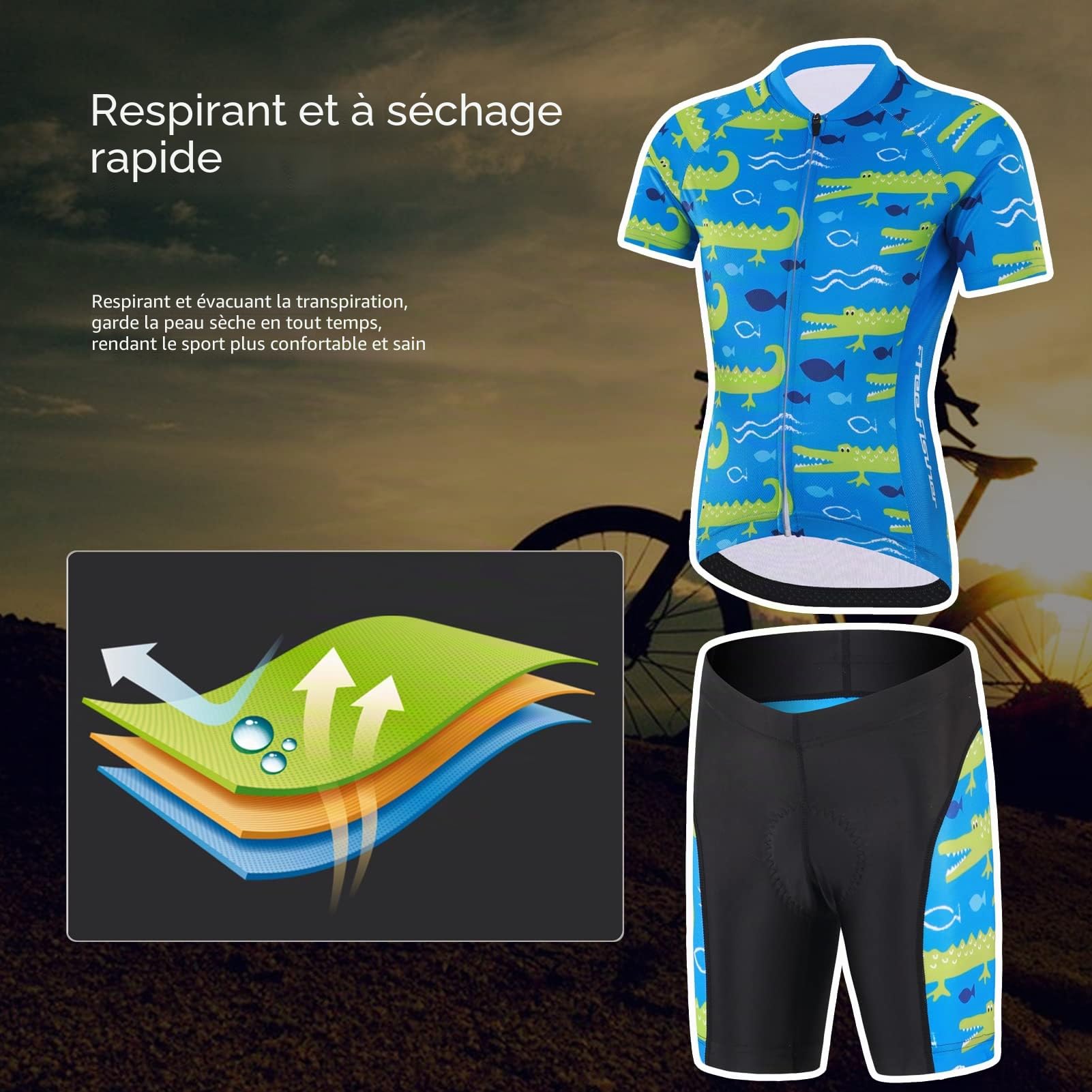 Ensemble Maillot de Cyclisme Enfant Garçon avec Poche Elastique Fille Maillots de Cyclisme Court + Short Rembourré Respirant Combinaison