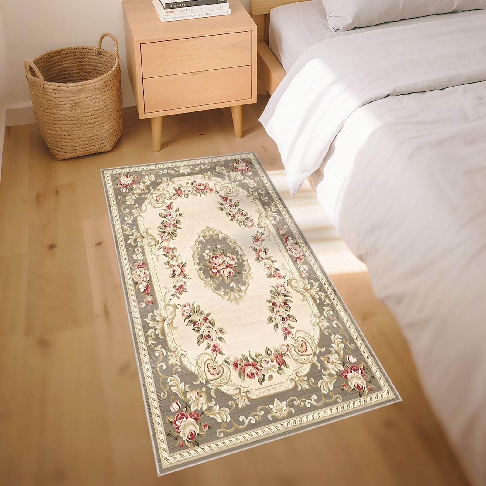Anti Rutsch Teppich Bettvorleger Beige Grau 180x270cm, Weich Gross Moderne Blumenmuster für das Wohnzimmer am Bettrand