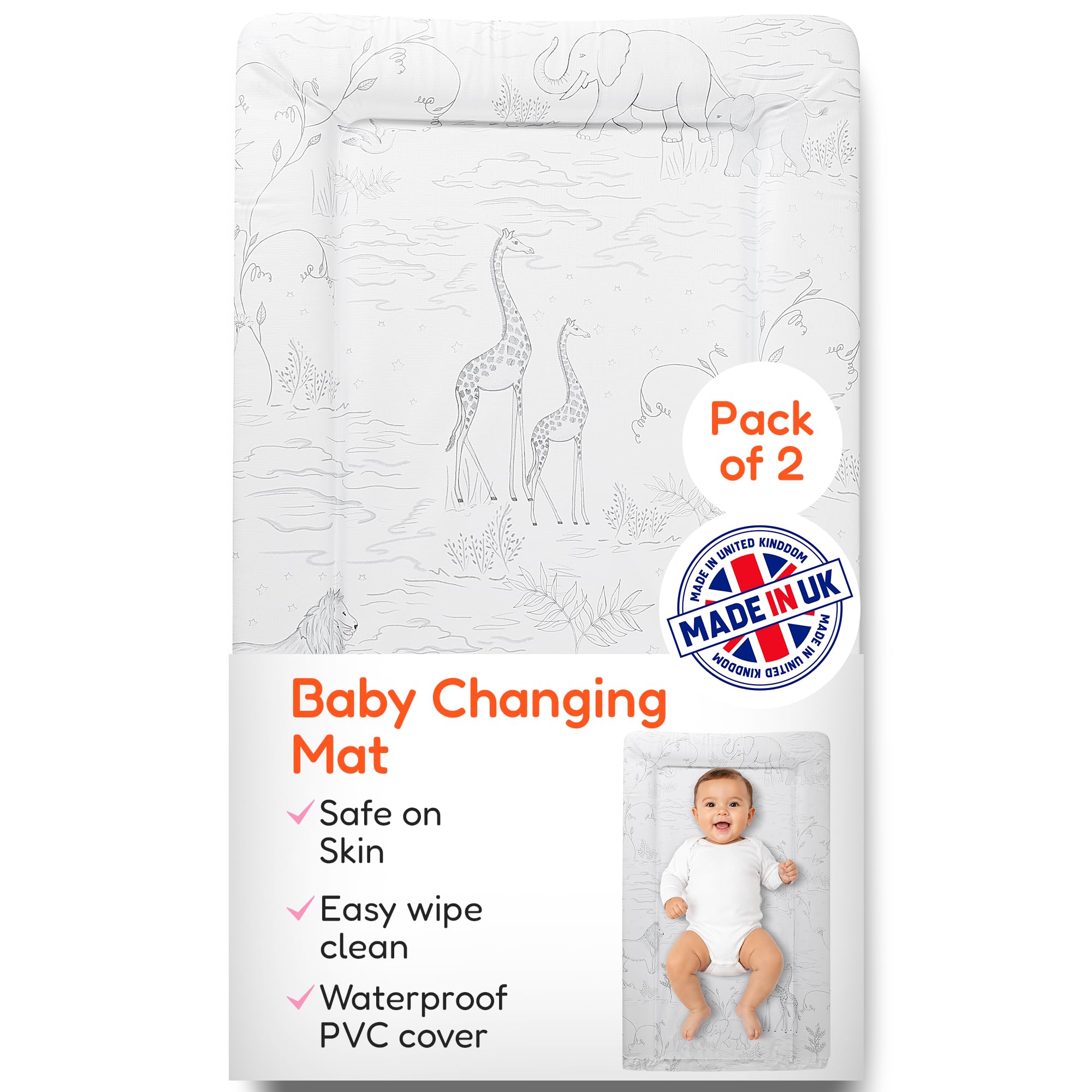 Baby Changing Mat - Extra Thick & Durable - Raised Edges - 76x45cm, 2 Pack