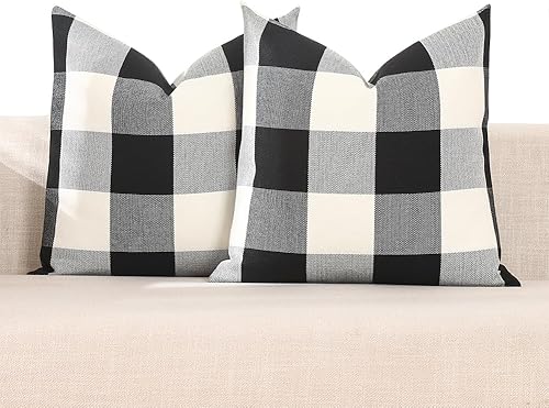 CARRIE HOME Juego de 2 fundas de almohada para exteriores en blanco y negro de 16 x 16 pulgadas, fundas de almohada decorativas de lino bohemio,