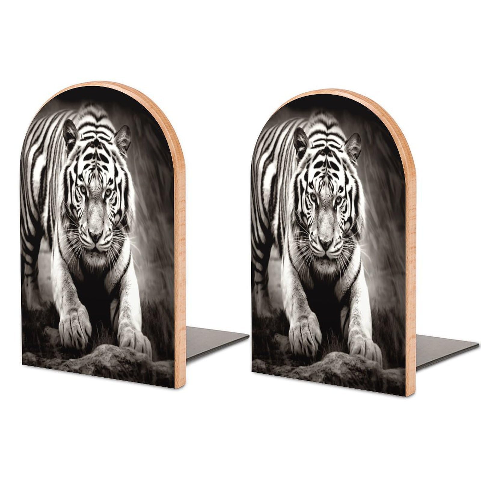 Black and White Tiger Bookends for Shelves Non Skid Book Stoppers Universal Economy Bookend Heavy Duty Wood Book End Decorative Book Shelf Holder for Home Office Desk 1 Pair