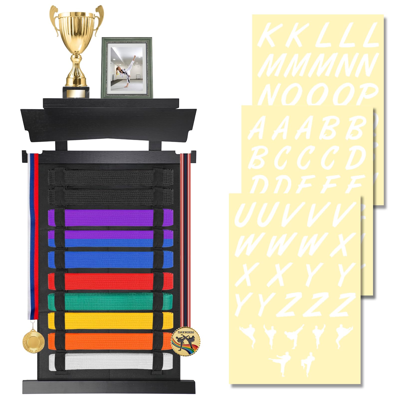 SUMNACON 10 Belts Black Martial Arts Belt Display Rack, Karate Taekwondo Martial Arts Belt Organizer Wall Belt Medal Display Holder with Rack for Martial Arts Karate Taekwondo Learners (No Belts)