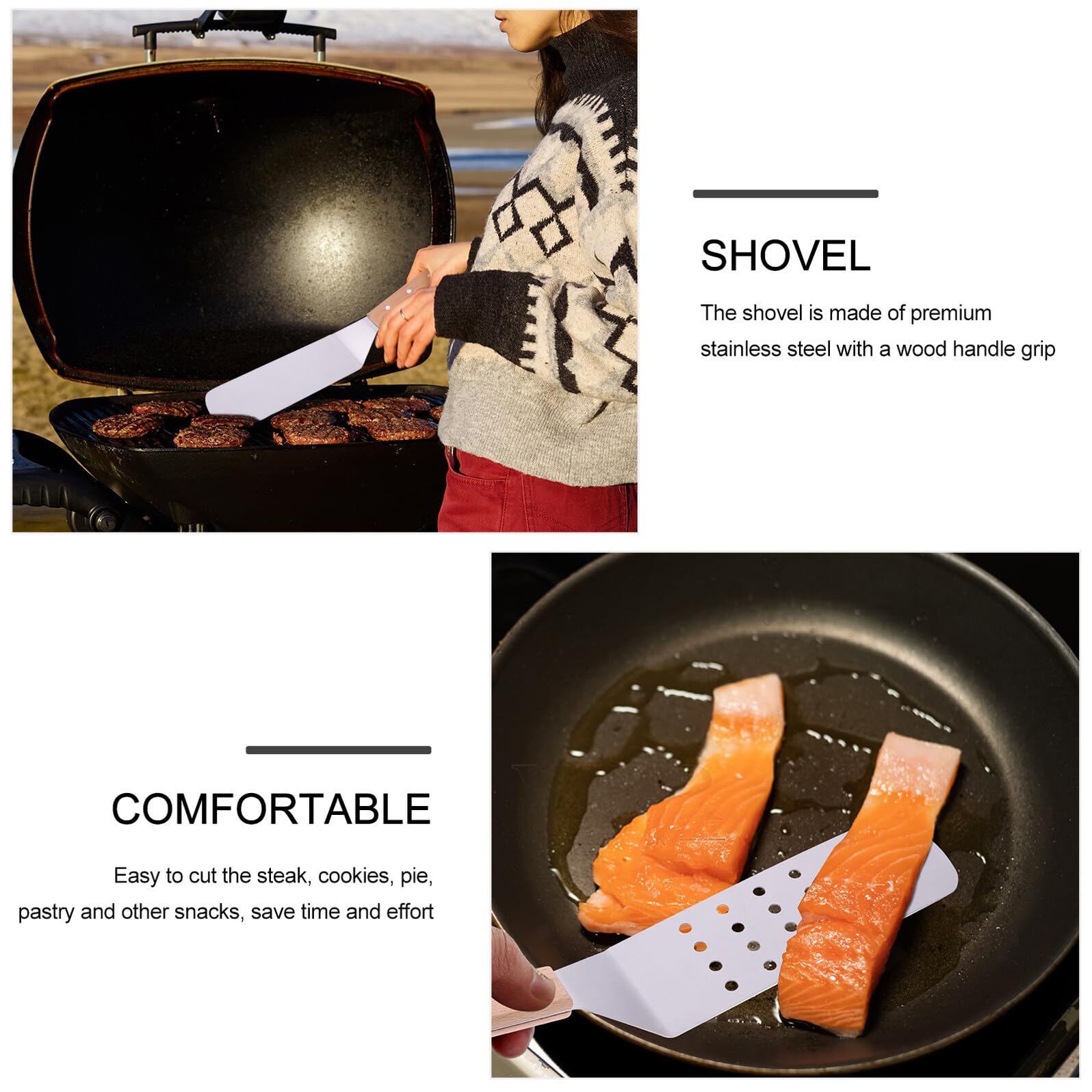 Espátulas de Cocina Acero Inoxidable 5 Piezas Mango de Madera Pala de Transferencia Multifuncional para Pizza Filetes y Repostería Utensilios Prácticos para Hogar y Restaurante