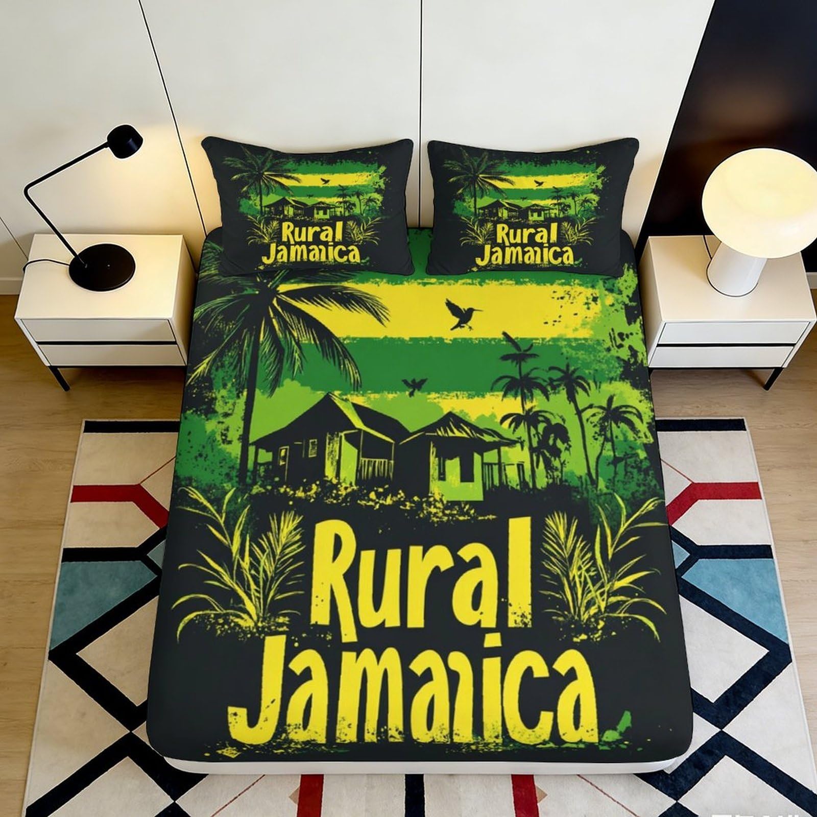 3D Printed Rural Jamaica Fitted Sheet Microfiber Non-slip Bed Cover, Green Yellow Tropical Palm Mattress Protector for Bedroom Dorm 200x200x25cm