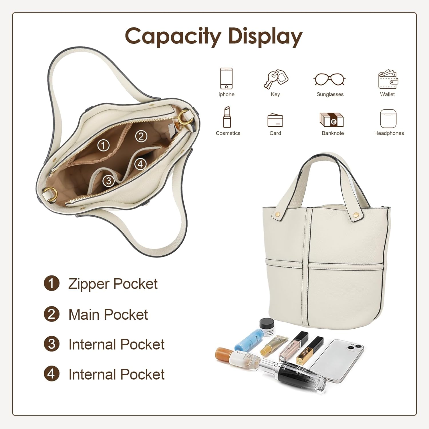 Leather Bucket Bags for Women, Crossbody Purse with Adjustable Strap and Top Handle - Image 5