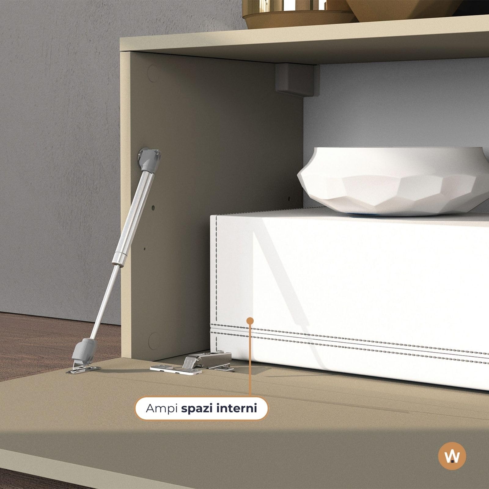 WHOUS Mobile Porta TV CHRONOS per Soggiorno con 1 Anta a Ribalta, Mobile Tv Regolabile per Salotto in Legno, 190/350x40x51 cm, Tortora Opaco e Rovere
