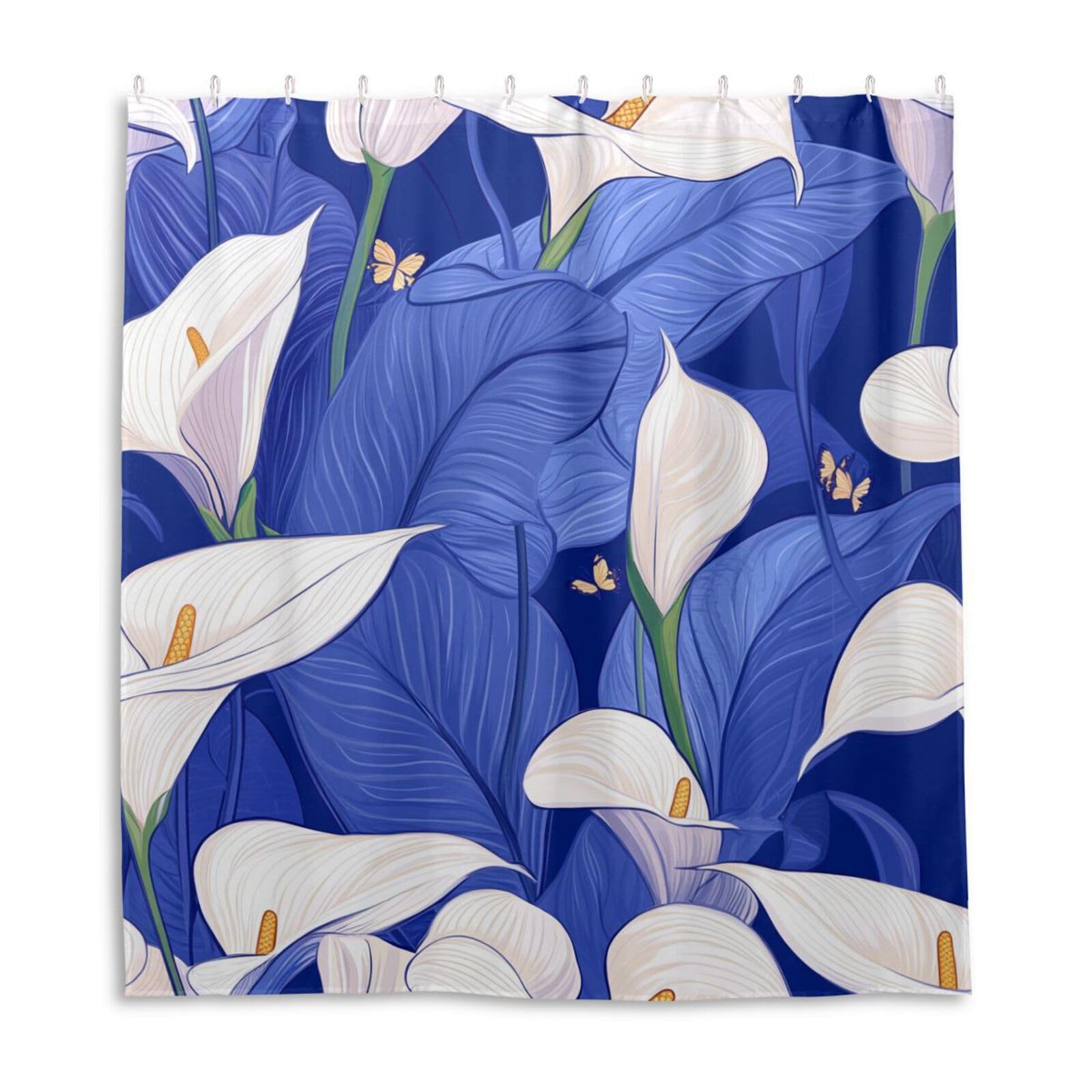 Rideau de douche polyester bleu roi pour une salle de bain style jungle tropicale