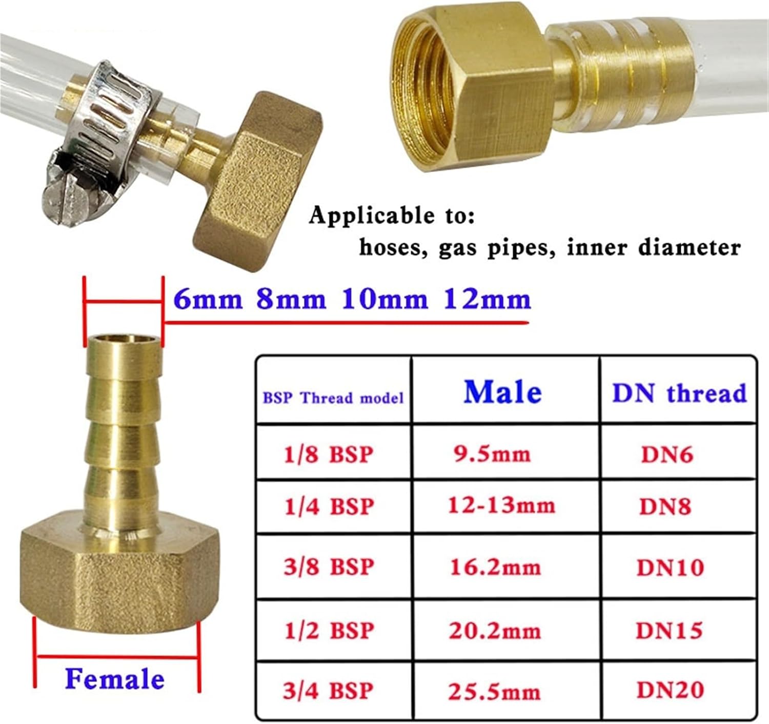 Brass Hose Connector Barb Tail 1/8 1/4 3/8 1/2Inch Male Thread Air Gas Pipe Barb Fitting Joint 8mm 1Pcs(PC,8MM_3/4")