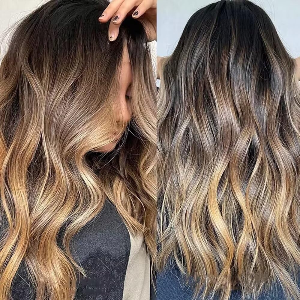 #1B/2/27 Ombre Honey Blonde Human Hair Highlight Wigs Loose Wave 13x4 HD Transparent Lace Front Human Hair Wigs with Baby Hair Bleached Knots 180% Density Balayage Colored Brazilian Hair Wig
