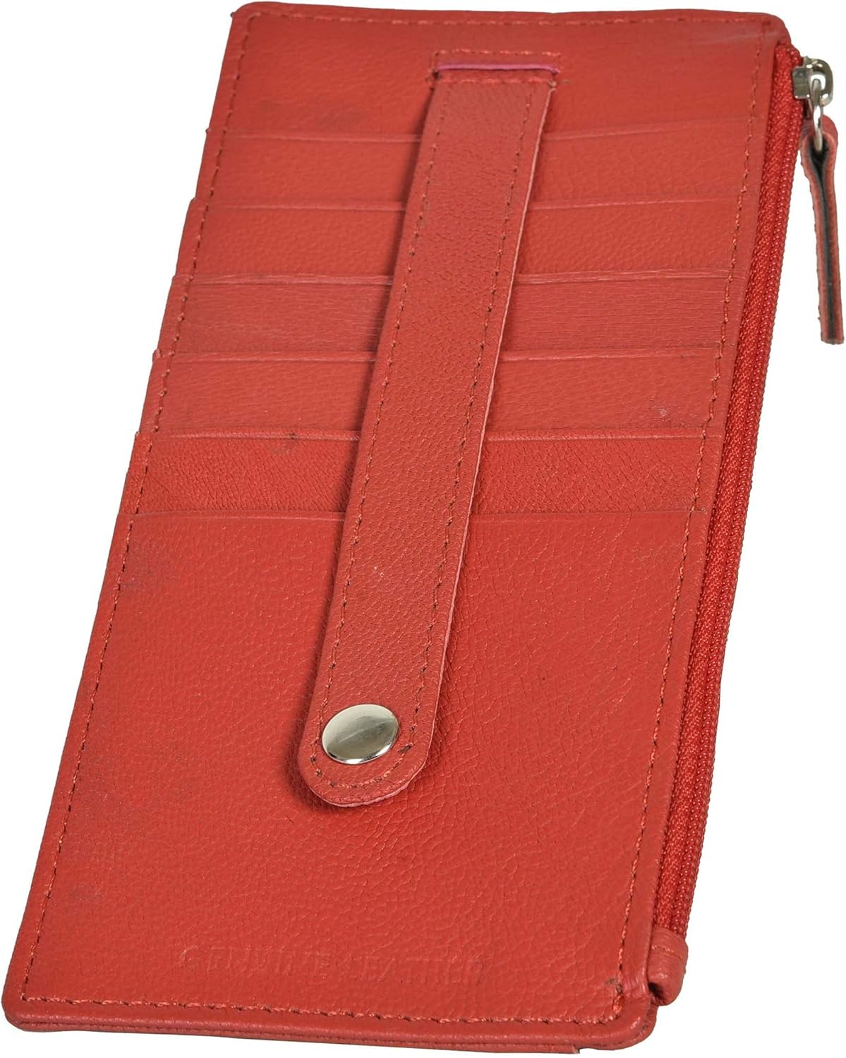 Leatherboss Genuine Leather Women's All in One Credit Business Card Case Holder Slim Zipper Wallet With a Card Protection Strap, Red - Image 4