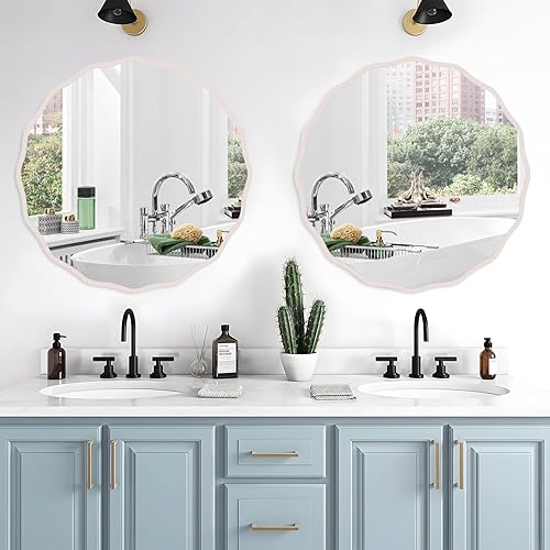 Miniatura 2 de Espejo redondo ondulado con acabado blanco envejecido para pared decorativo de 28 pulgadas, moderno espejo circular ondulado para baño, dormitorio,