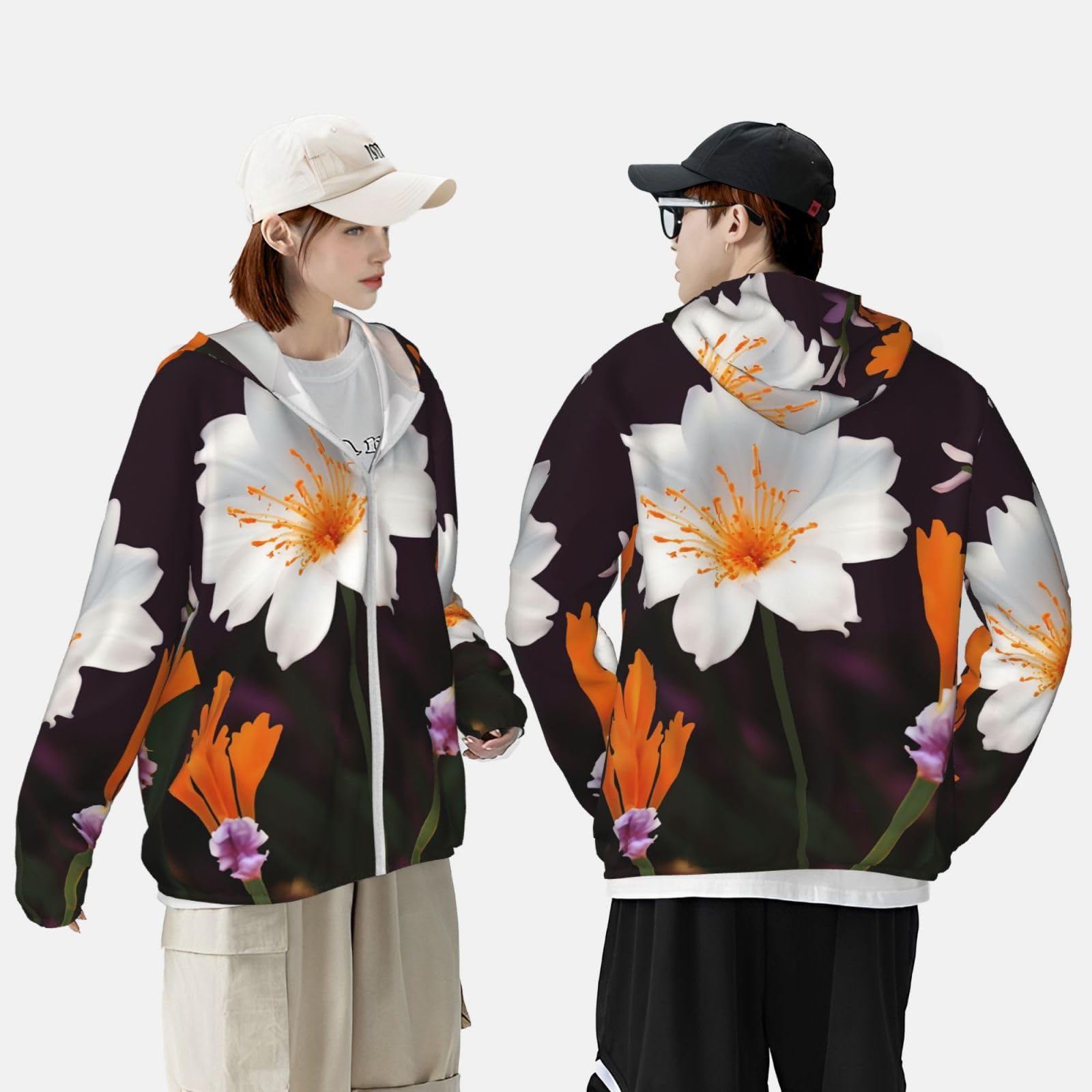 Men's Sun Protection Jacket UPF 50+ Full Zipper Long Sleeve UV Hoodie Shirt Orange Flower Women's Outdoor Jacket