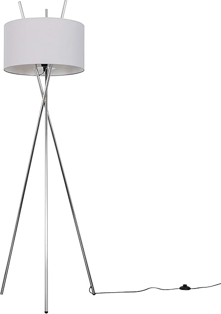 MiniSun Modern Polished Chrome Metal Crossover Design Tripod Floor Lamp with a Pale Grey Cylinder Shade