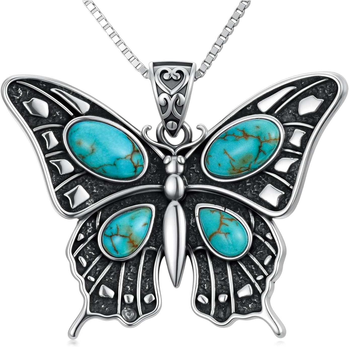 Genuine Turquoise Butterfly Pendant Necklace, Sterling Silver Vintage Native American Western Boho Gemstone Jewelry for Women