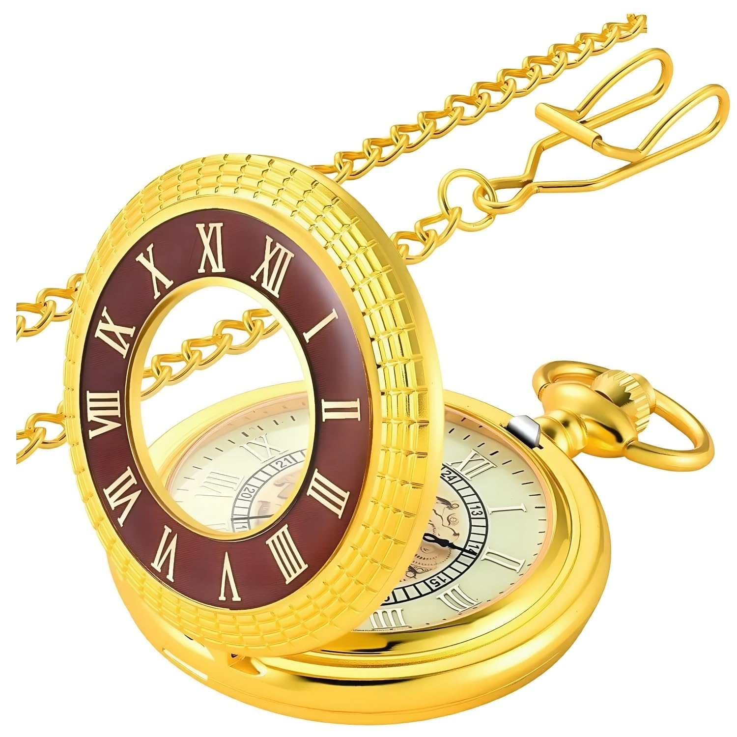 Vintage Pocket Watch with Chain Roman Numerals Scale Quartz Pocket Watches for Men Xmas Fathers Day Gift