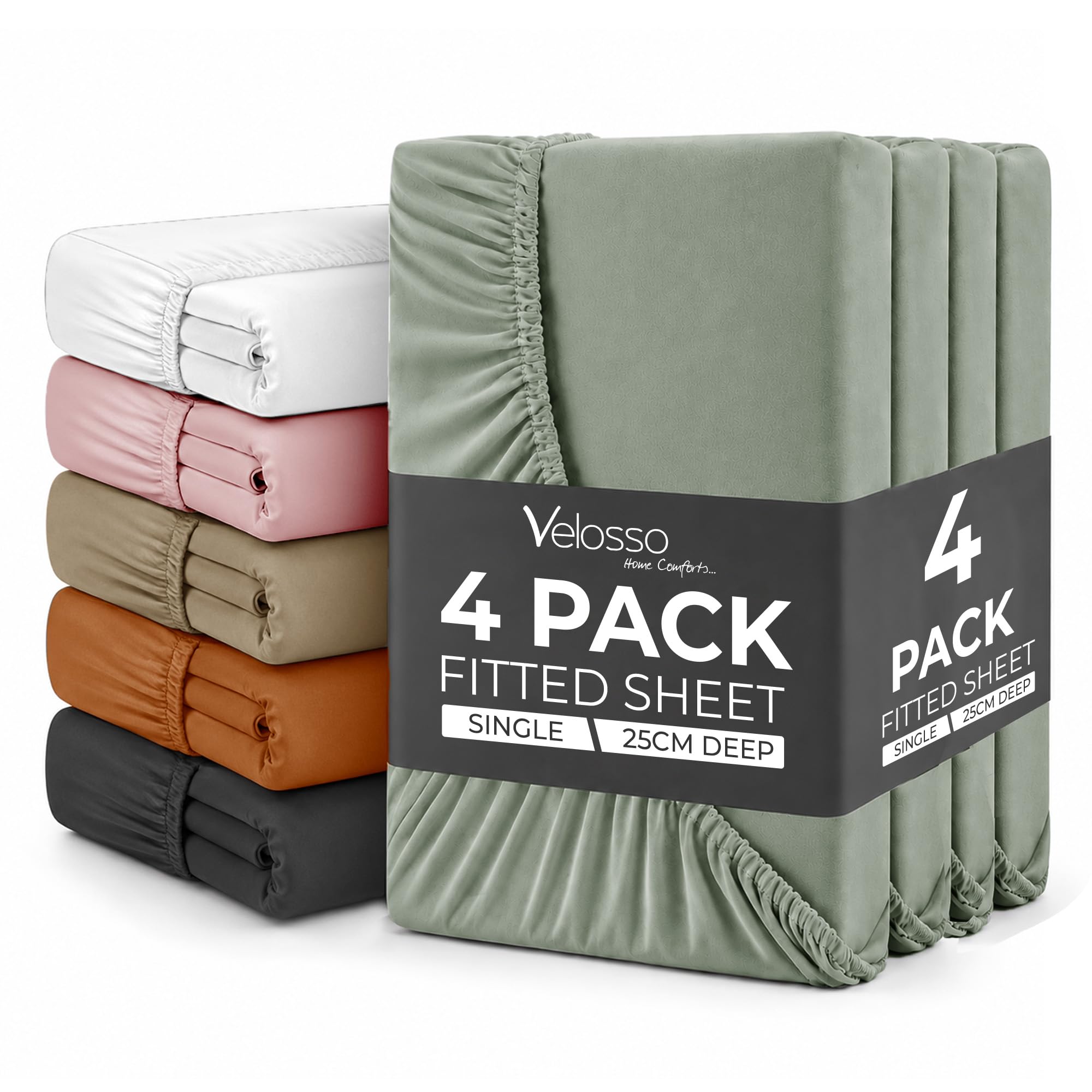 Plain Dye Fitted Sheet 25cms Pocket Soft Brushed Microfibre Fabric Mattress Bottom Bed Sheets (Sage, Single 4 Pack)