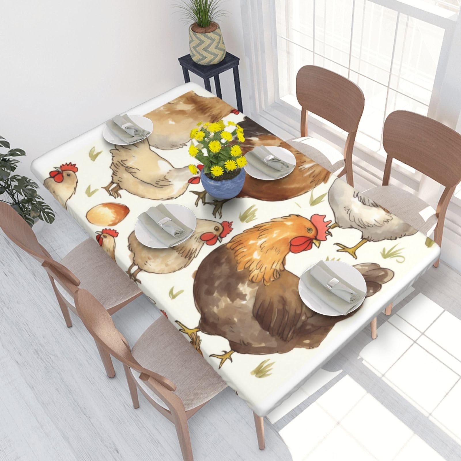 DCARSETCV Cartoon Chickens Printed 4FT Waterproof Tablecloth with Elastic Edged Protect & Decor Your Table, Oil-proof Washable Table Cloth Cover for Dinner Picnic Party