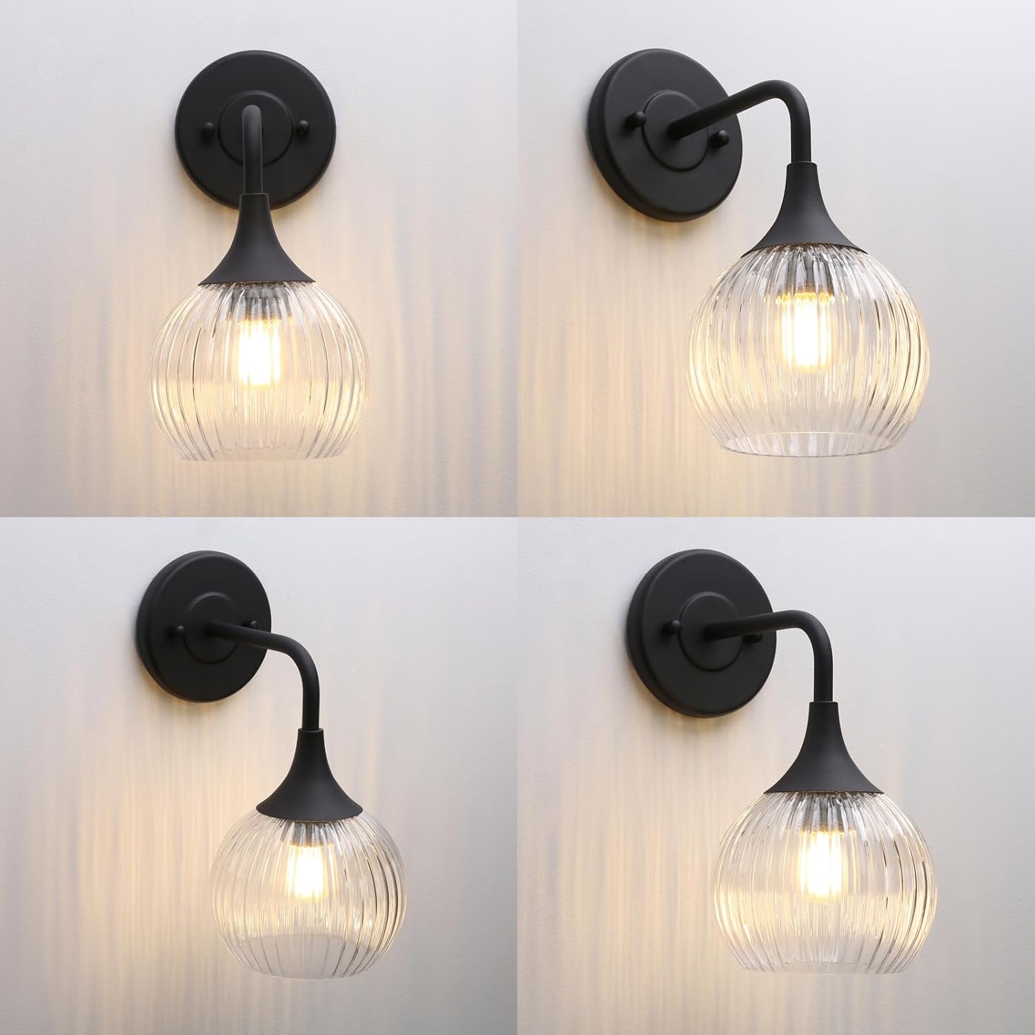 Phansthy Hardwired Modern Wall Sconces, Retro Industrial Wall Lamps, Bathroom Vanity Sconces Wall Lighting with Striped Glass Shade for Bedroom Living Room Corridor Kitchen (Black + Clear Shade)