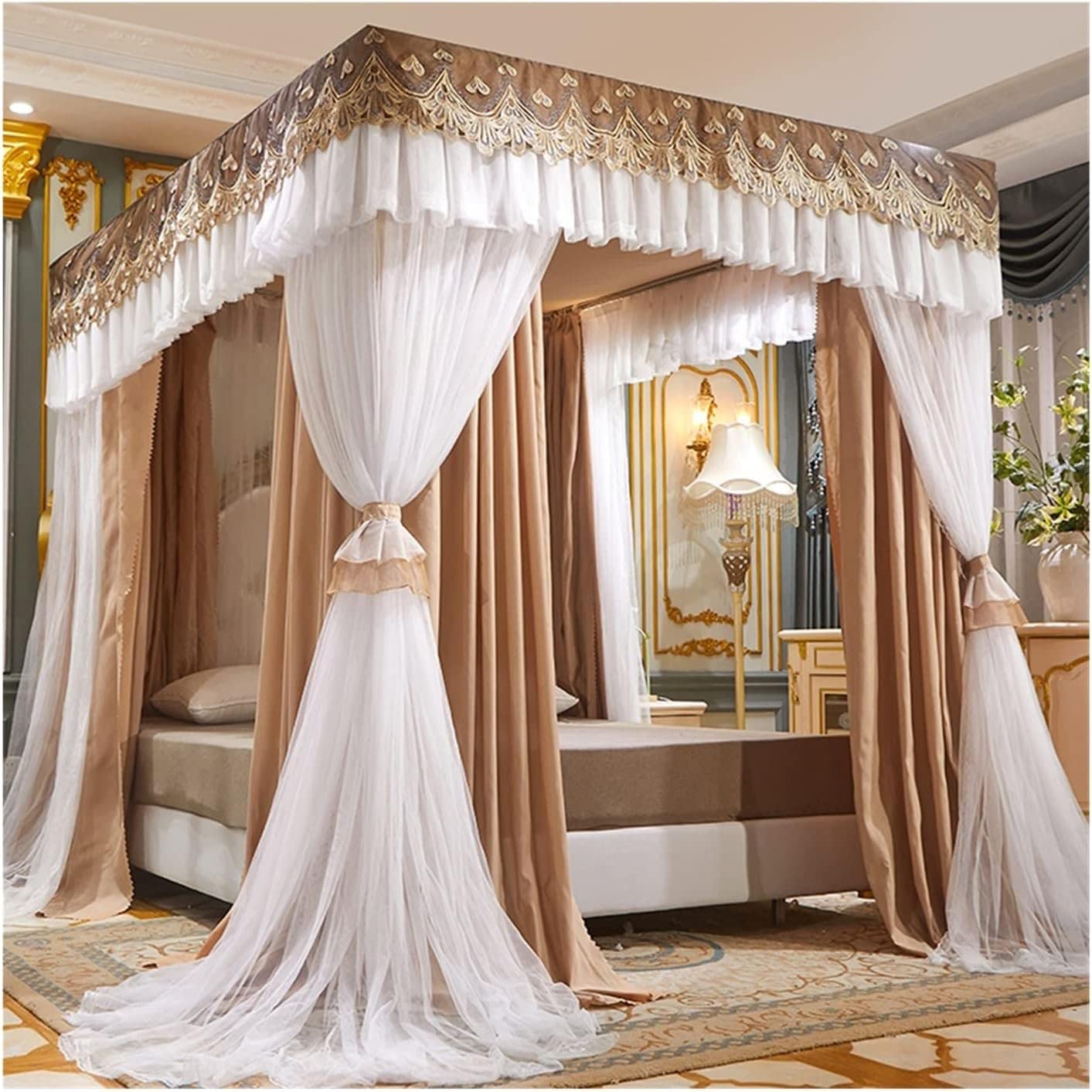 Rideau de lit en dentelle marron pour baldaquin de chambre adulte