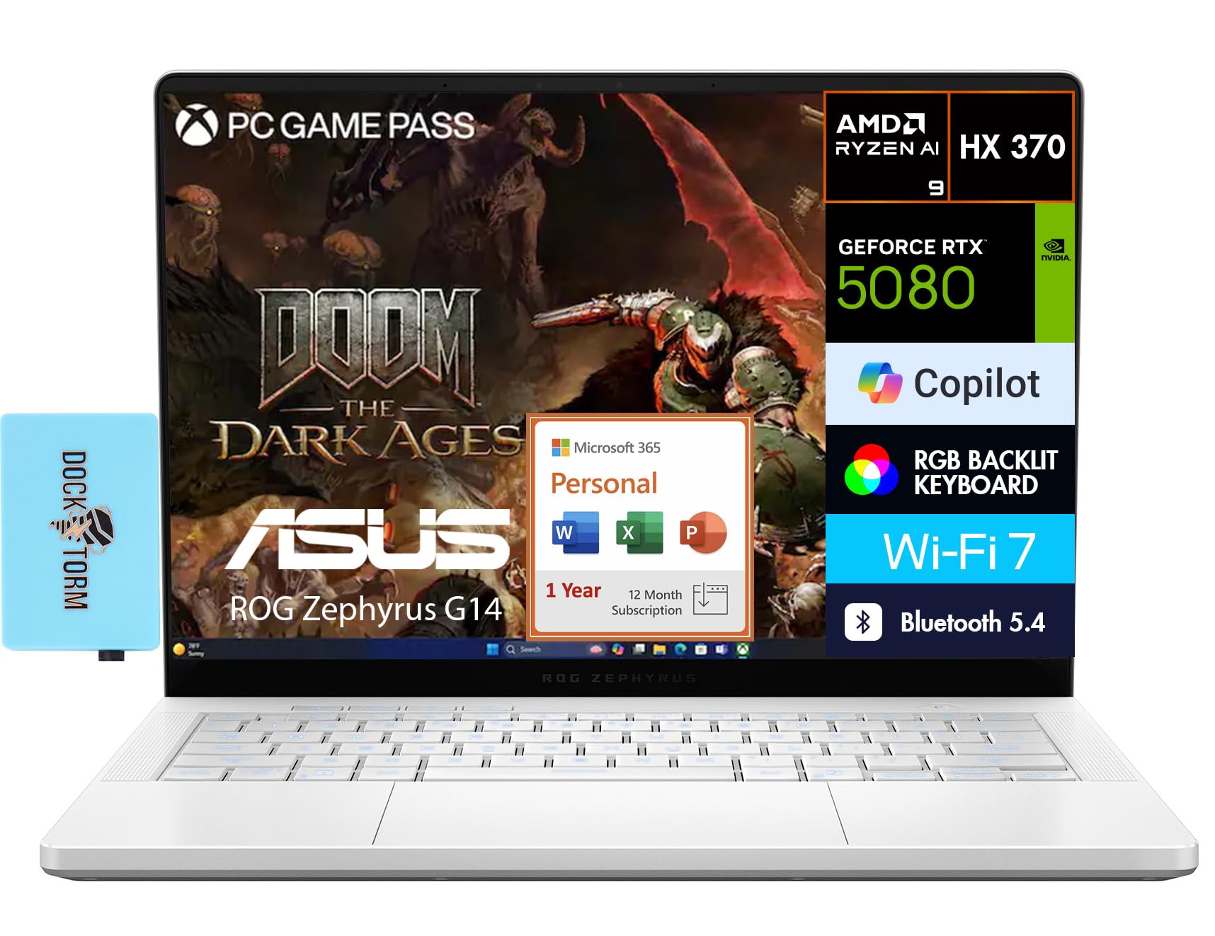 ROG Zephyrus G14 AI Gaming Laptop 14.0" 2.8K (AMD Ryzen AI 9 HX 370, GeForce RTX 5080 16GB, 32GB LPDDR5X, 4TB PCIe SSD, Win 11 Pro) w/MS 365 Personal, DKZ USB Port Expander