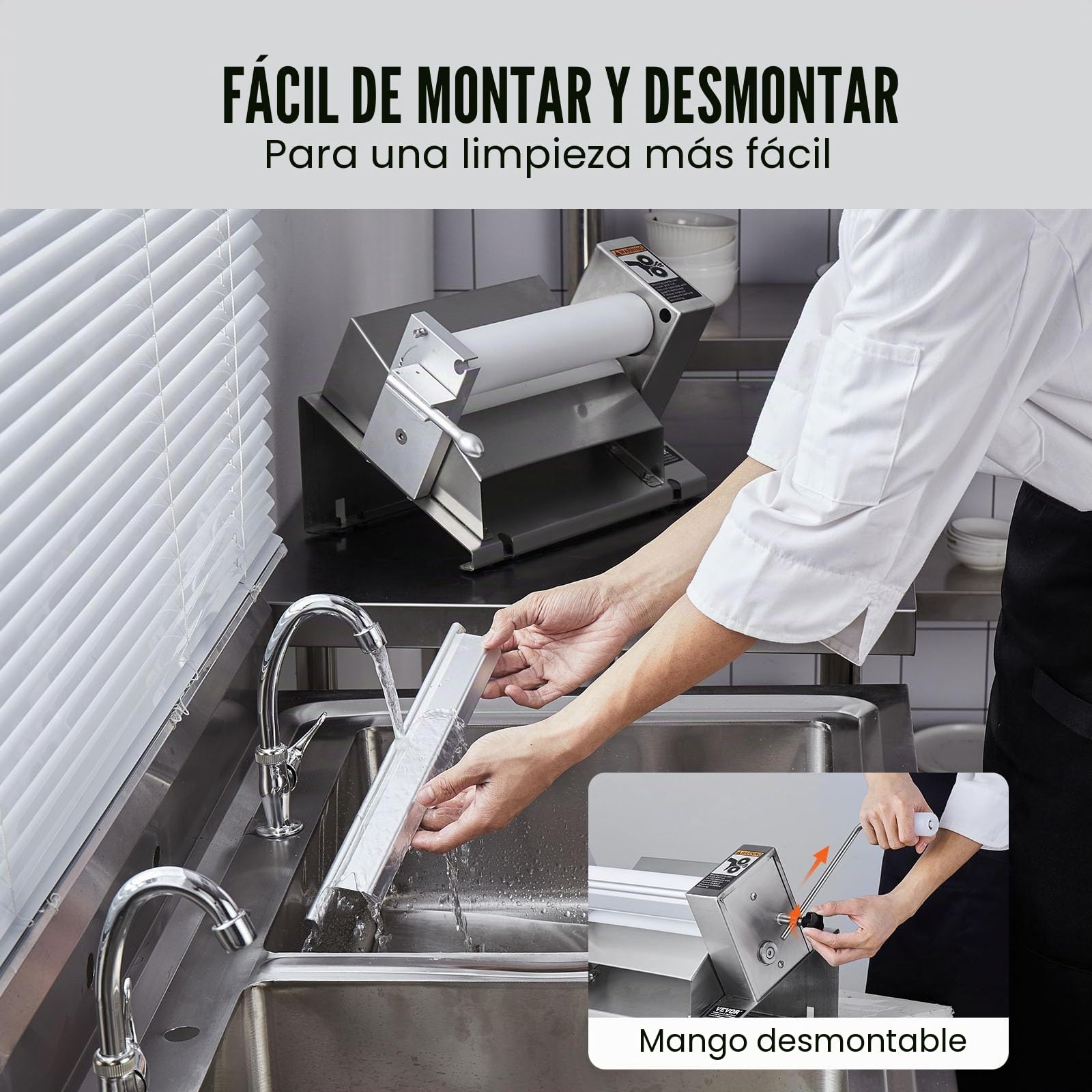 VEVOR Máquina Enrolladora de Masa Manual Rodillo de Masa de Acero Inoxidable, Mango Extraíble, Placa, Espesor Ajustable Máximo 12 mm, Uso Doméstico o Cocinas Comerciales Pequeñas, 250 x 550 x 220 mm