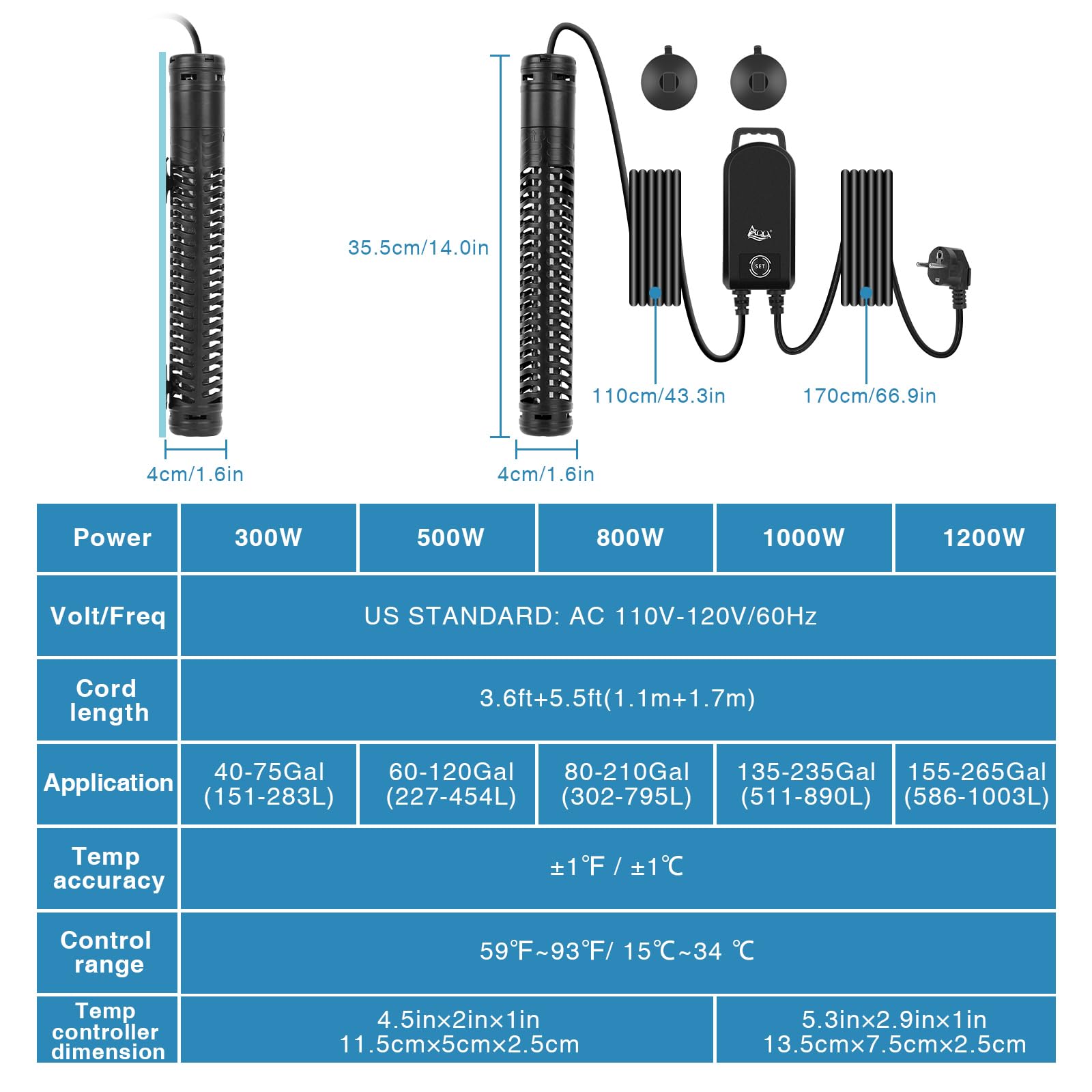 AQQA Aquarium Heizung, 300W/500W/800W/1000W/1200W Tauchheizung für Aquarien mit LED-Digitalanzeige & Übertemperaturschutz, für Salz- und Süßwasser Aquarium Fischbecken