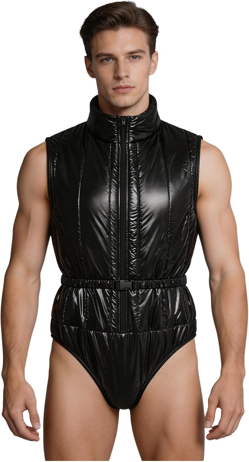 FEESHOW Men Shiny Quilted Puffer Leotard Athletic Romper