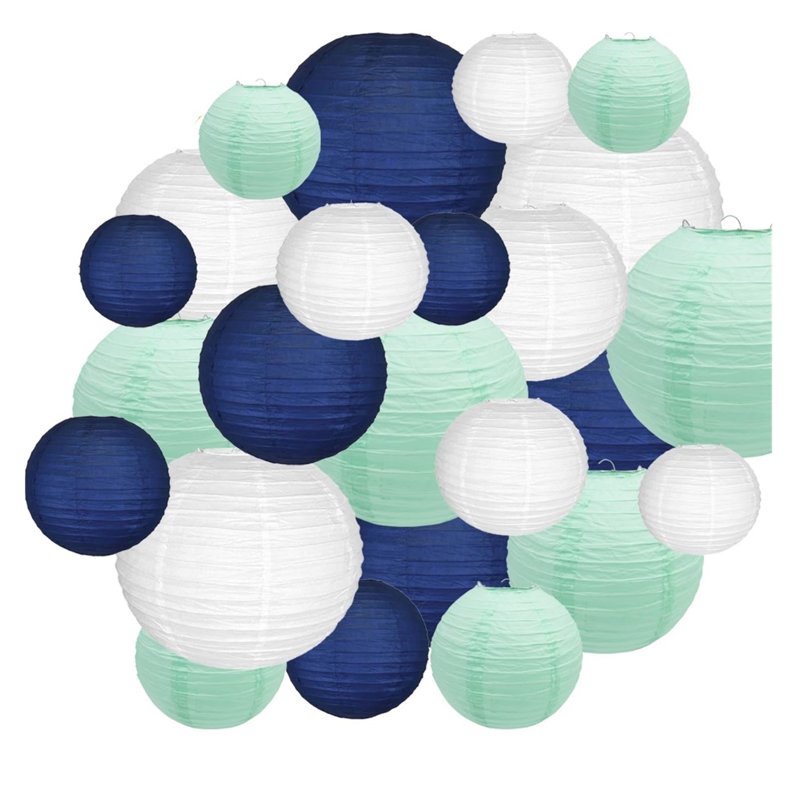 Lanternes en Papier mélangées, 24 pièces, 6, 8, 10, 12 Pouces, Vert Menthe, Bleu Marine, Blanc, lampion for Bricolage, décoration Suspendue for fête de Mariage et événements
