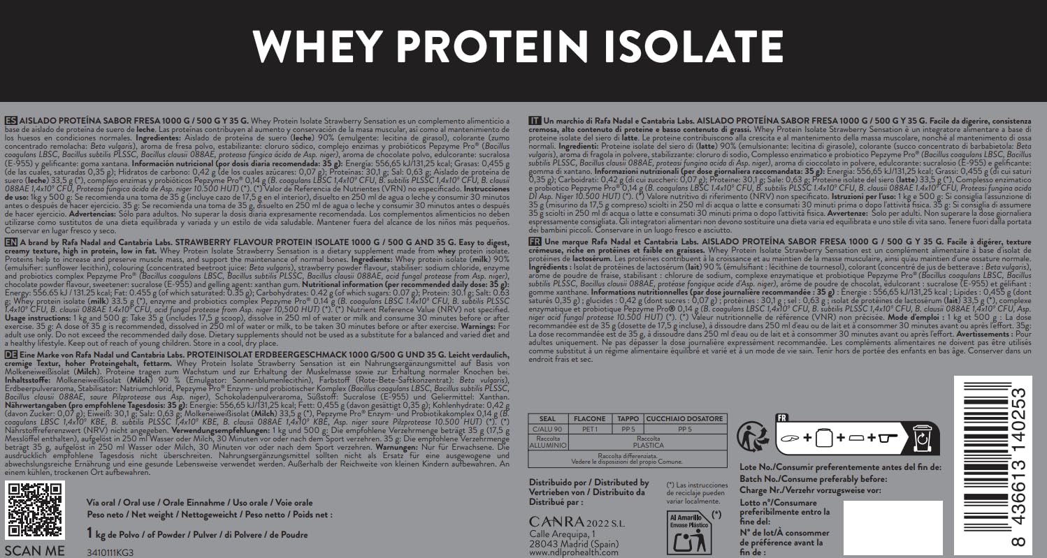 NDL Pro-Health Whey Protein Isolate Fraise | Probiotiques Pepzyme Pro® | 90% protéines, avec probiotiques Pepzyme Pro®, faible en sucres et graisses, haute digestibilité et solubilité, 1kg
