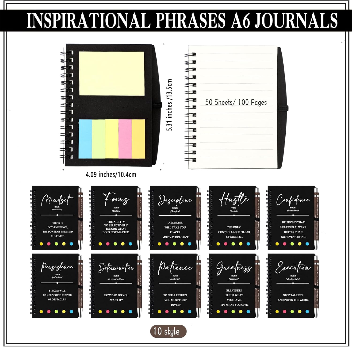 TecUnite 40 Pcs Motivational Spiral Notebooks with Sticky Notes Pen Inspirational Journals Bulk Employee Appreciation Gift for Team Coworker Staff Bulk Gift for Teacher School Nurse (Black) - Image 2