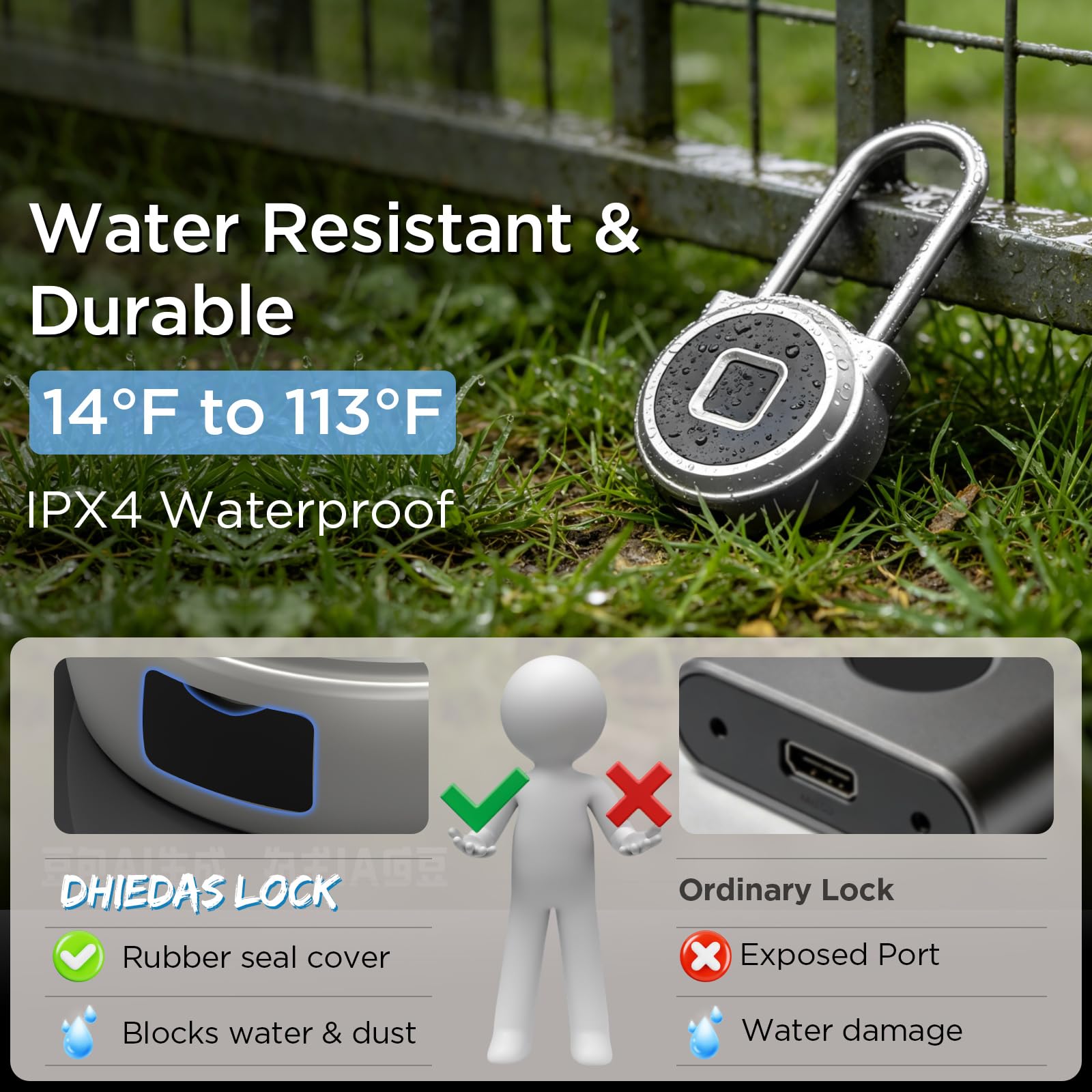 Cadenas à empreintes digitales – Cadenas intelligent biométrique en métal sans clé, étanche rechargeable par USB, casier de gym, bagages, sac à dos, valise