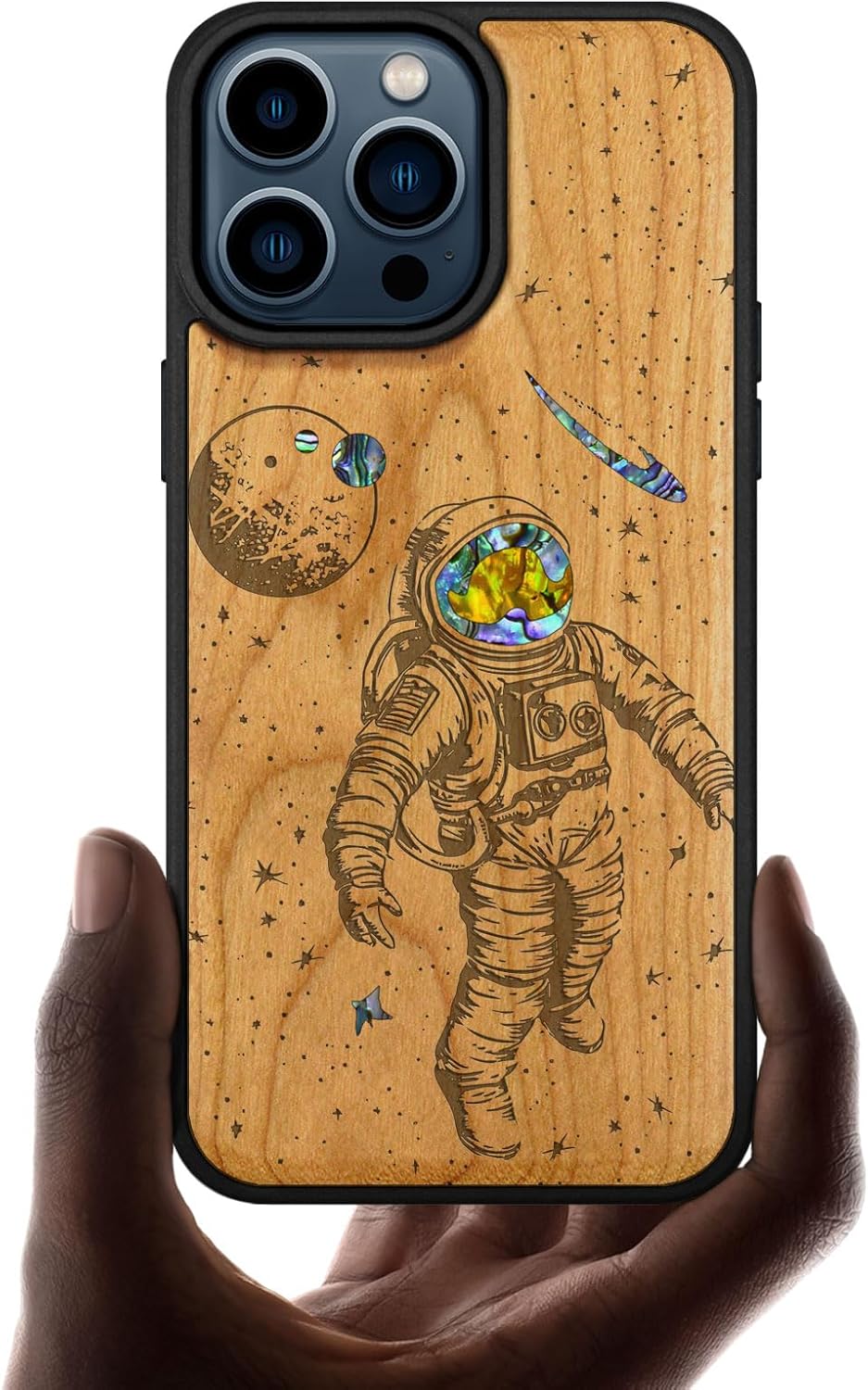 Carveit Wooden Case for iPhone 15 Pro Max Magnetic Case, Compatible with MagSafe Wireless Chargers, Shockproof Cover, Handmade Shell Inlaid & Wood Artisan Engraved (Cosmic Wanderer) Cherry