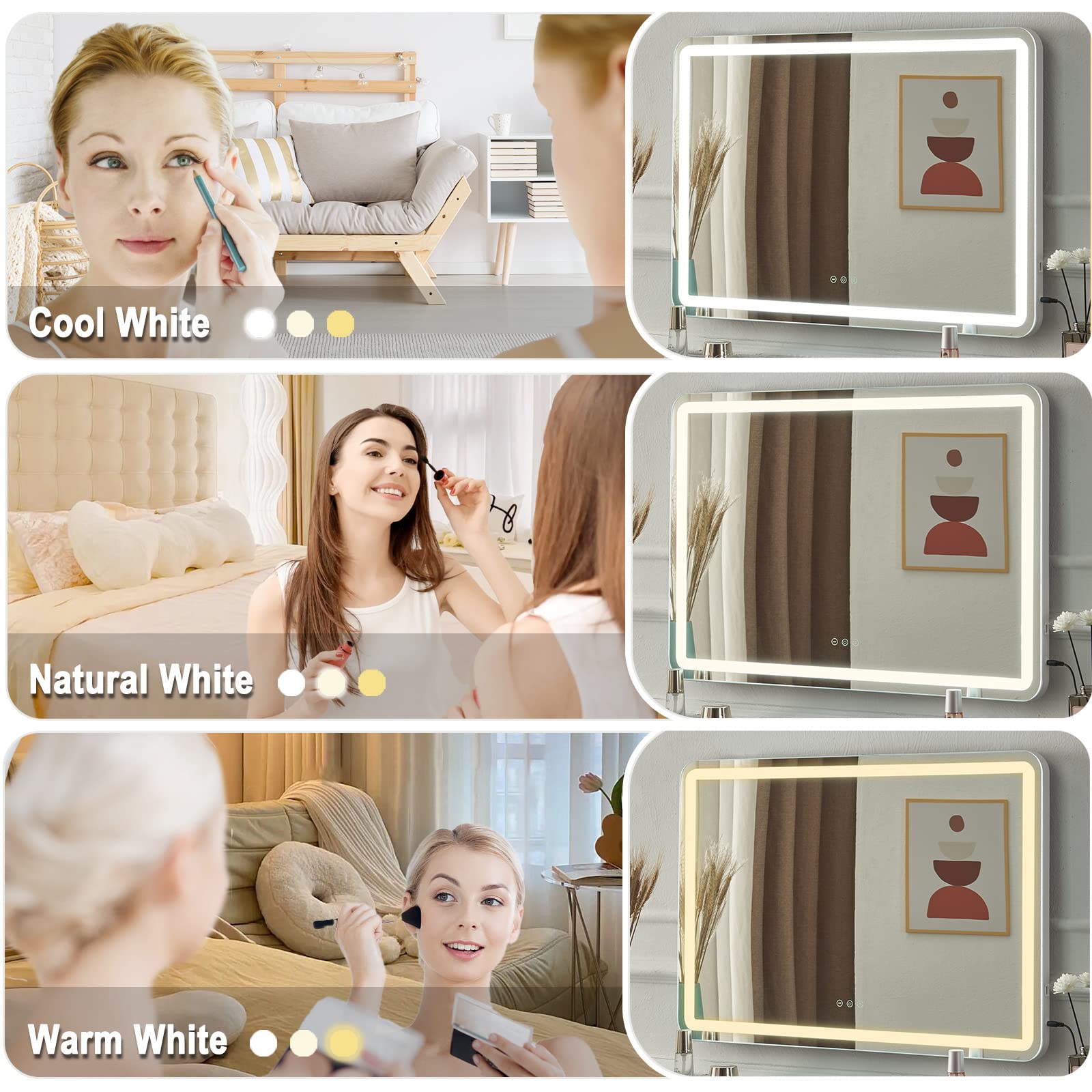 Hollywood Schminkspiegel mit Beleuchtung, Hollywood Spiegel mit 3 Farbtemperaturen, Groß Schminkspiegel mit Touchscreen-Steuerung und USB Für Makeup 80 X 57cm