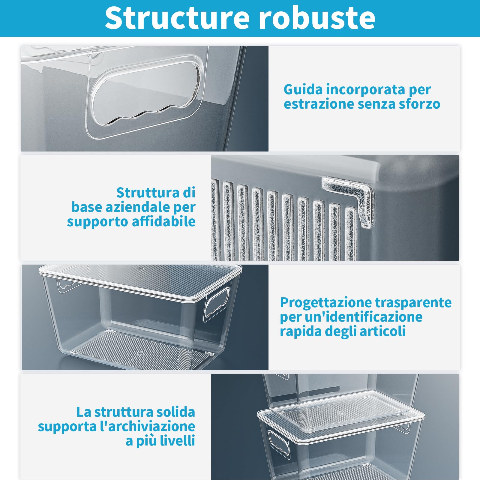 Confezione da 6 contenitori trasparenti con coperchio, contenitori impilabili in plastica con manici facili da impugnare per l'organizzazione di mobili da cucina, dispensa, frigorifero e congelatore