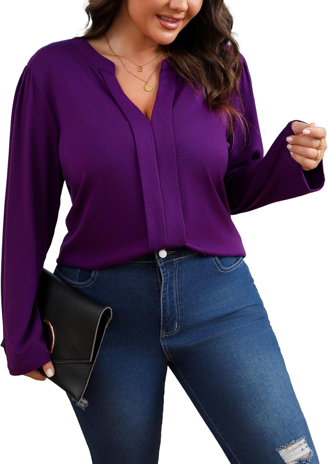 Women's Plus Size Tops V Neck Pleated Front Shirts Trendy Casual Business Tunic Long Sleeves Fall Blouse